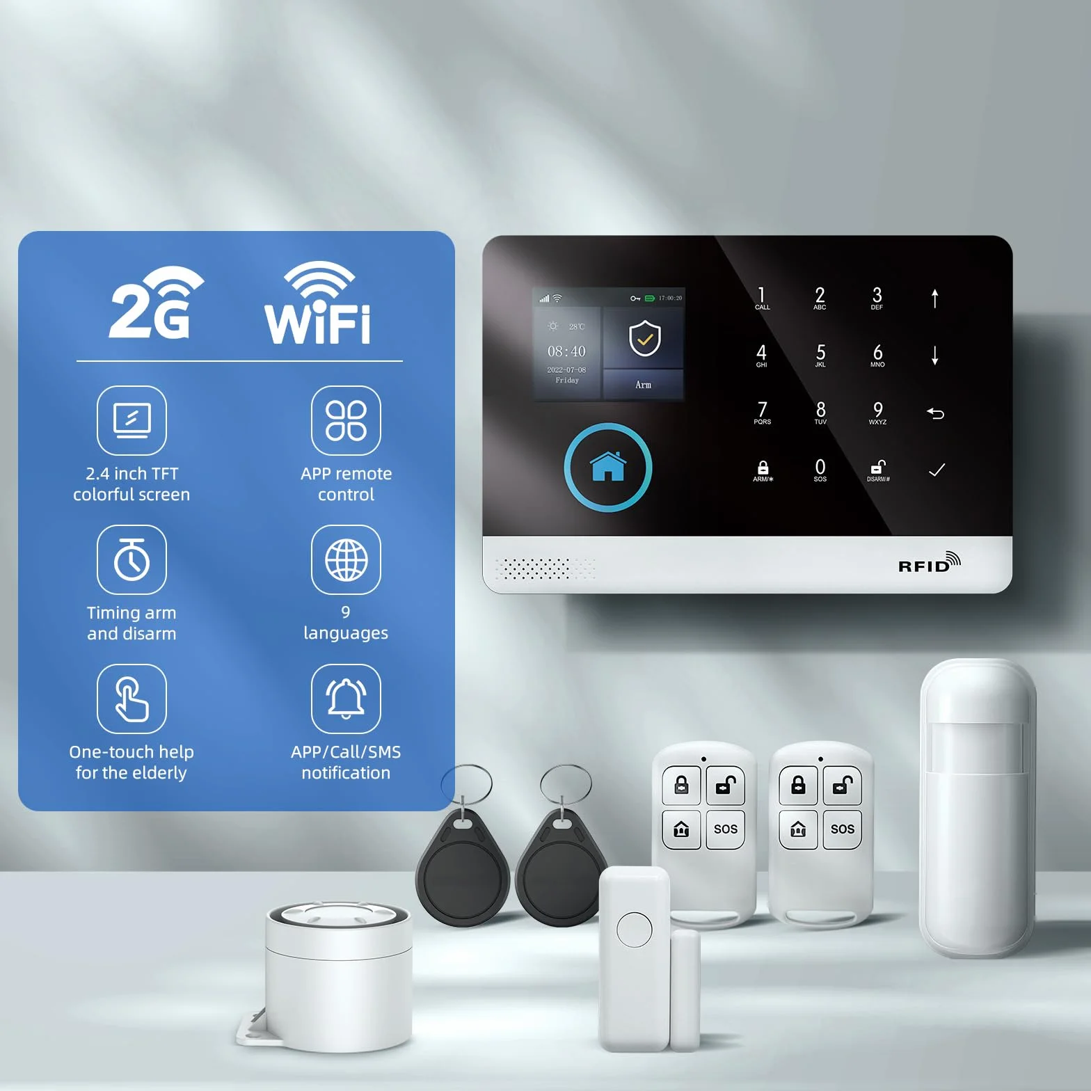 Sistema de Alarma para el hogar con cámara 1080P, Sistema de Alarma antirrobo gsm WiFi de 26 Piezas con aplicación de teléfono, Sirena de Alarma 120b, Compatible para Casas y Apartamentos.