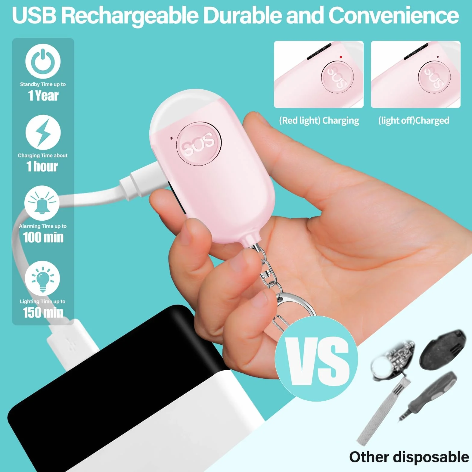 Alarma Personal Autodefensa de Bolsillo Hion - Llavero de Defensa Personal Recargable 130 dB con Iluminación LED para Mujeres, Niños y Personas Mayores - Potente y Confiable(Rosa, 1)