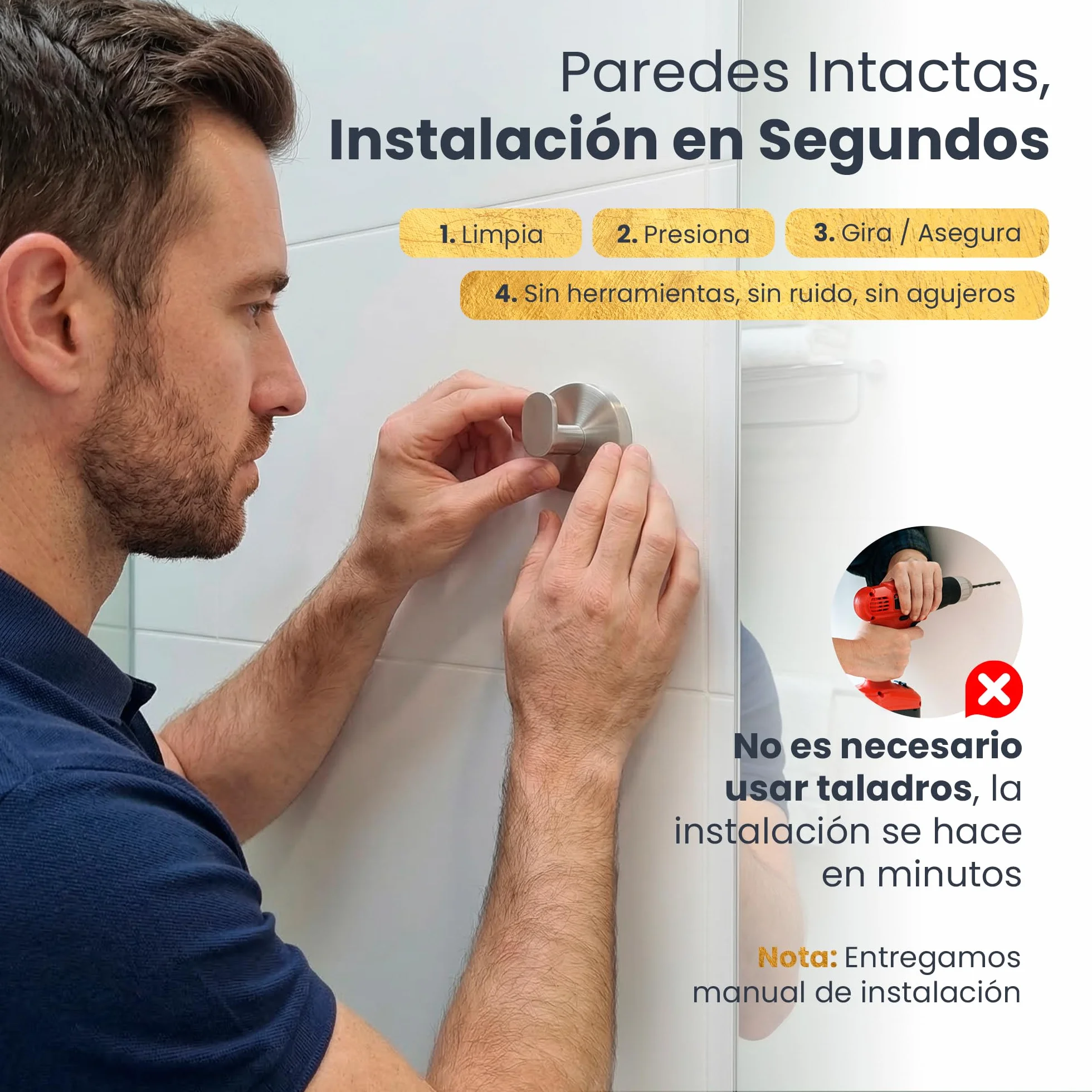 2 Toalleros de baño sin Taladro de Acero Inoxidable – Colgador Ventosa Resistente hasta 8 kg – Ideal Accesorios baño sin Taladro y Accesorios Cocina