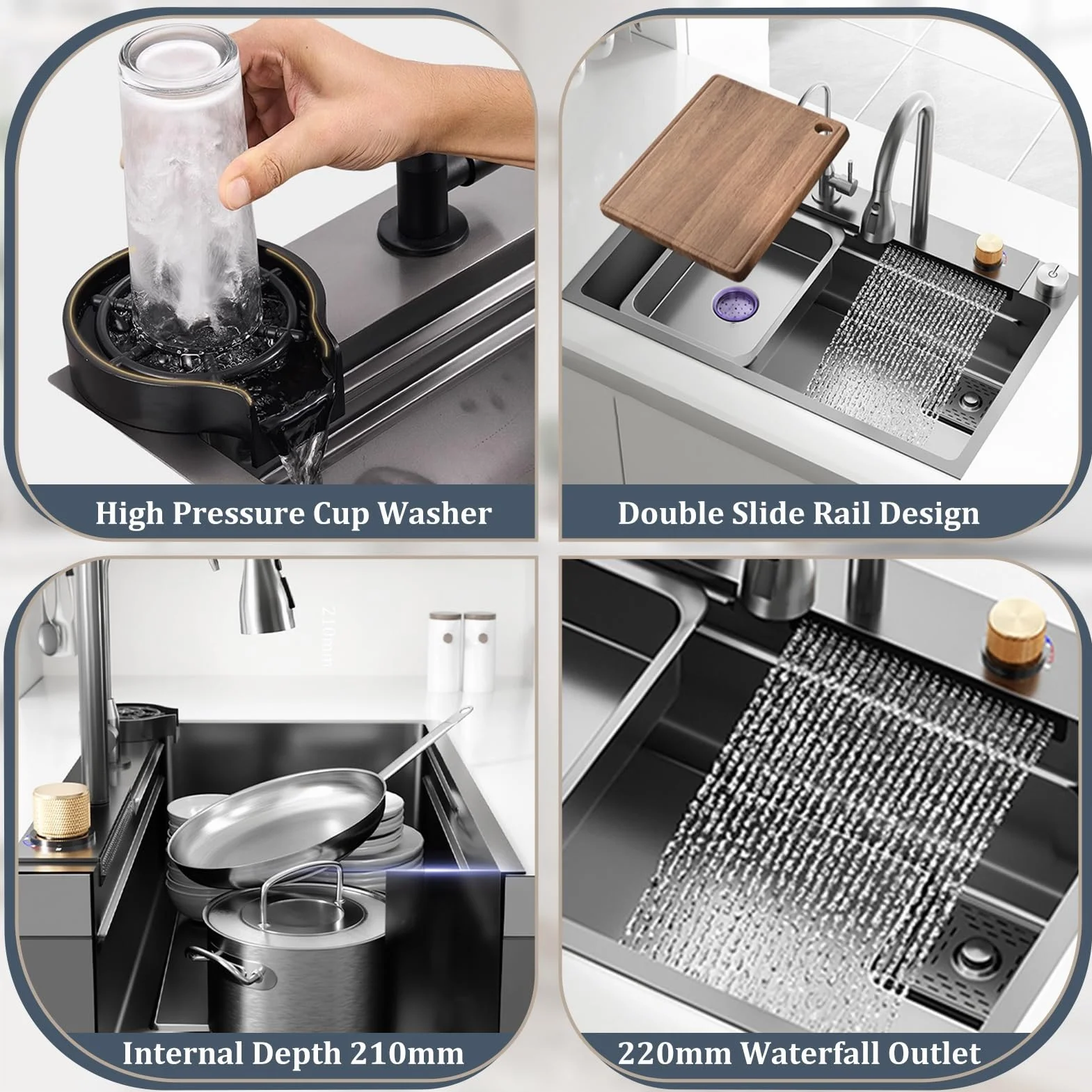 50 Cm De Ancho Fregadero De Cocina Con Grifo Cocina Extraible, 1 Cubeta De Acero Inoxidable Nanorrevestimiento, Fregadero Negro Con Cascada Así Como Otros Accesorios(Black-Grey B,85x50cm)