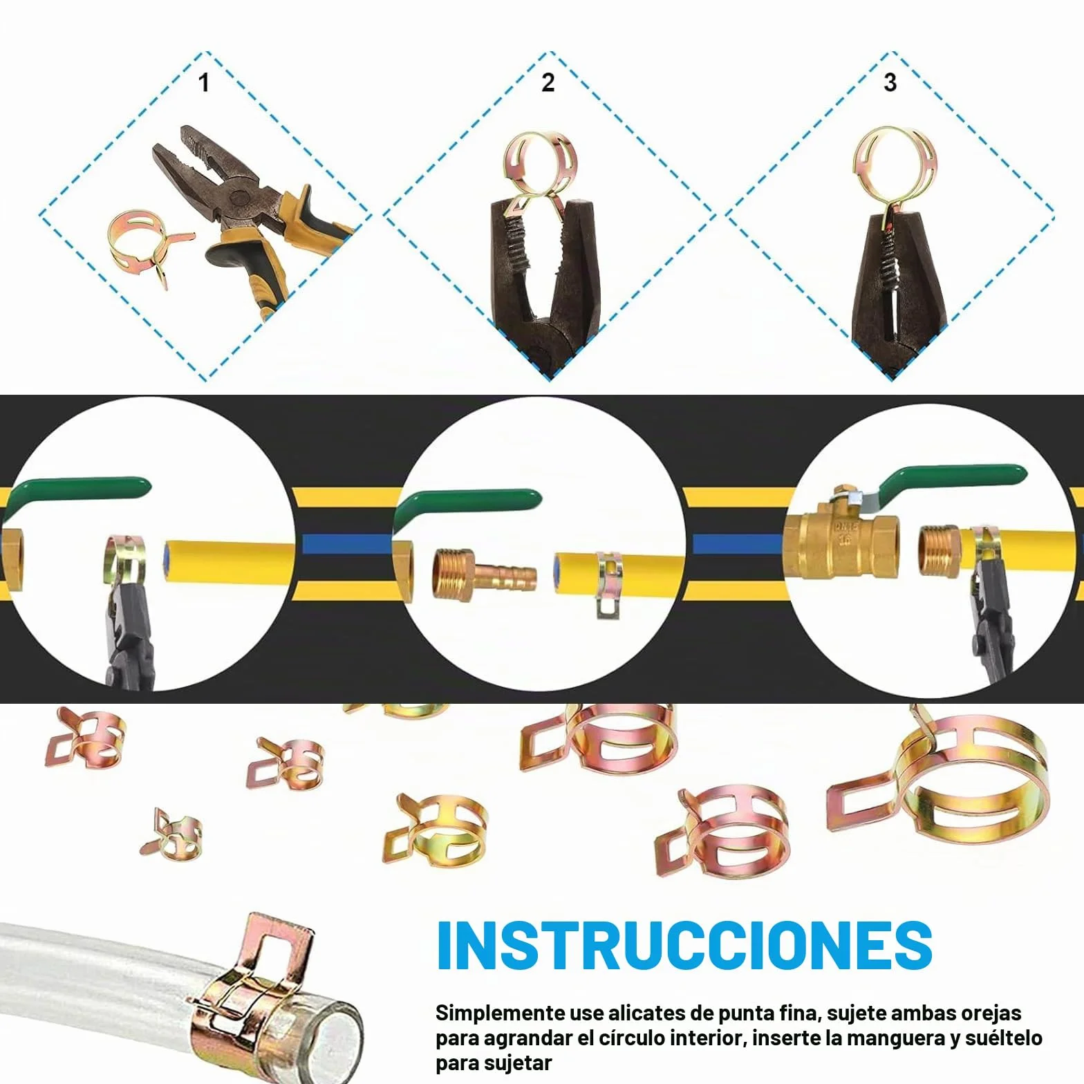 HSEAMALL 100 abrazaderas de resorte, clips de línea de combustible, tubo de aire, tubo de agua, abrazadera de manguera de vacío de silicona, 6-22 mm, 10 tamaños