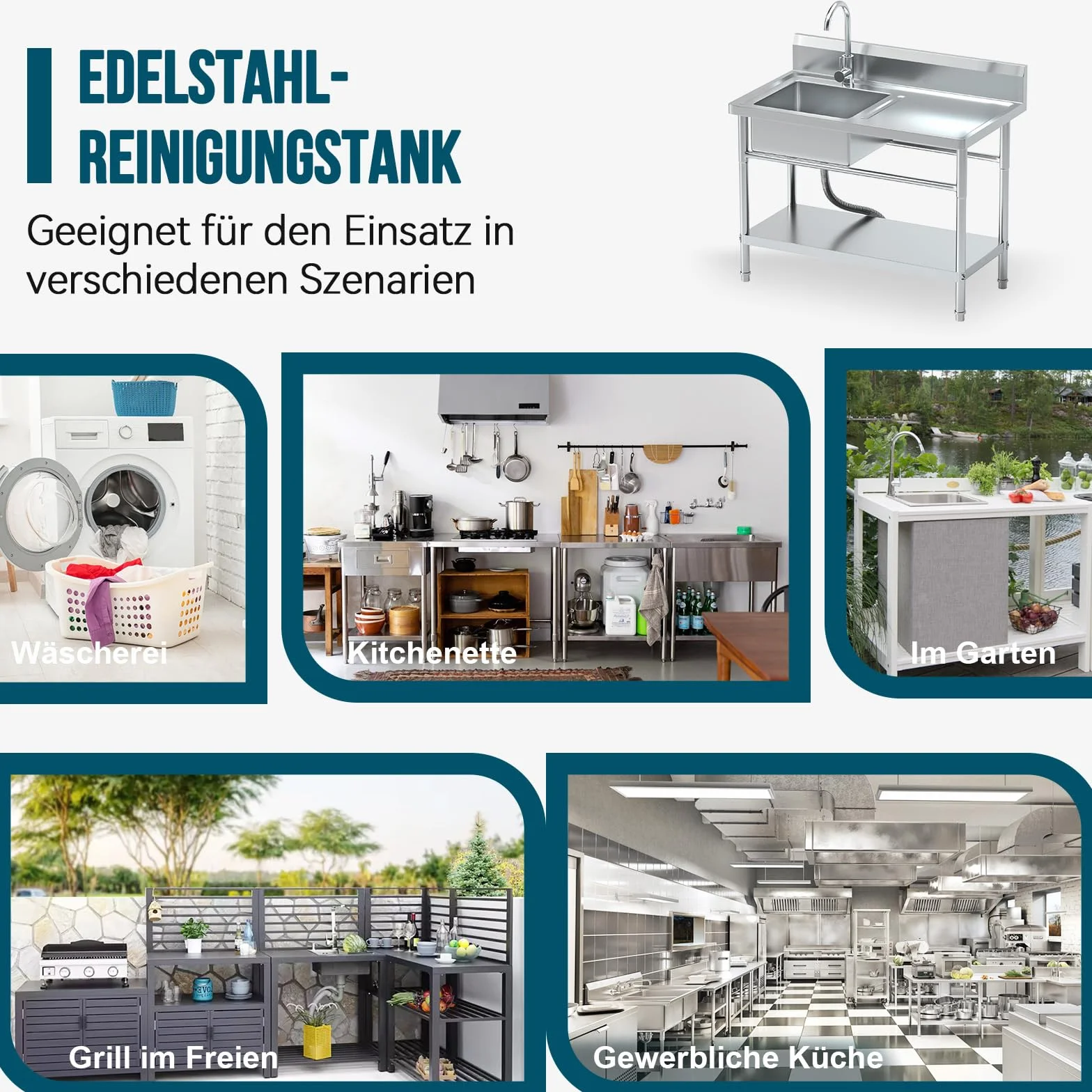RiveraSink Fregadero Inox Independiente 100×55×80 cm con Encimera, Grifo Giratorio 360°, Cesta Filtro y Cubeta Grande – Altura Ajustable, Fácil de Limpiar – para Cocina, Hostelería y Jardín