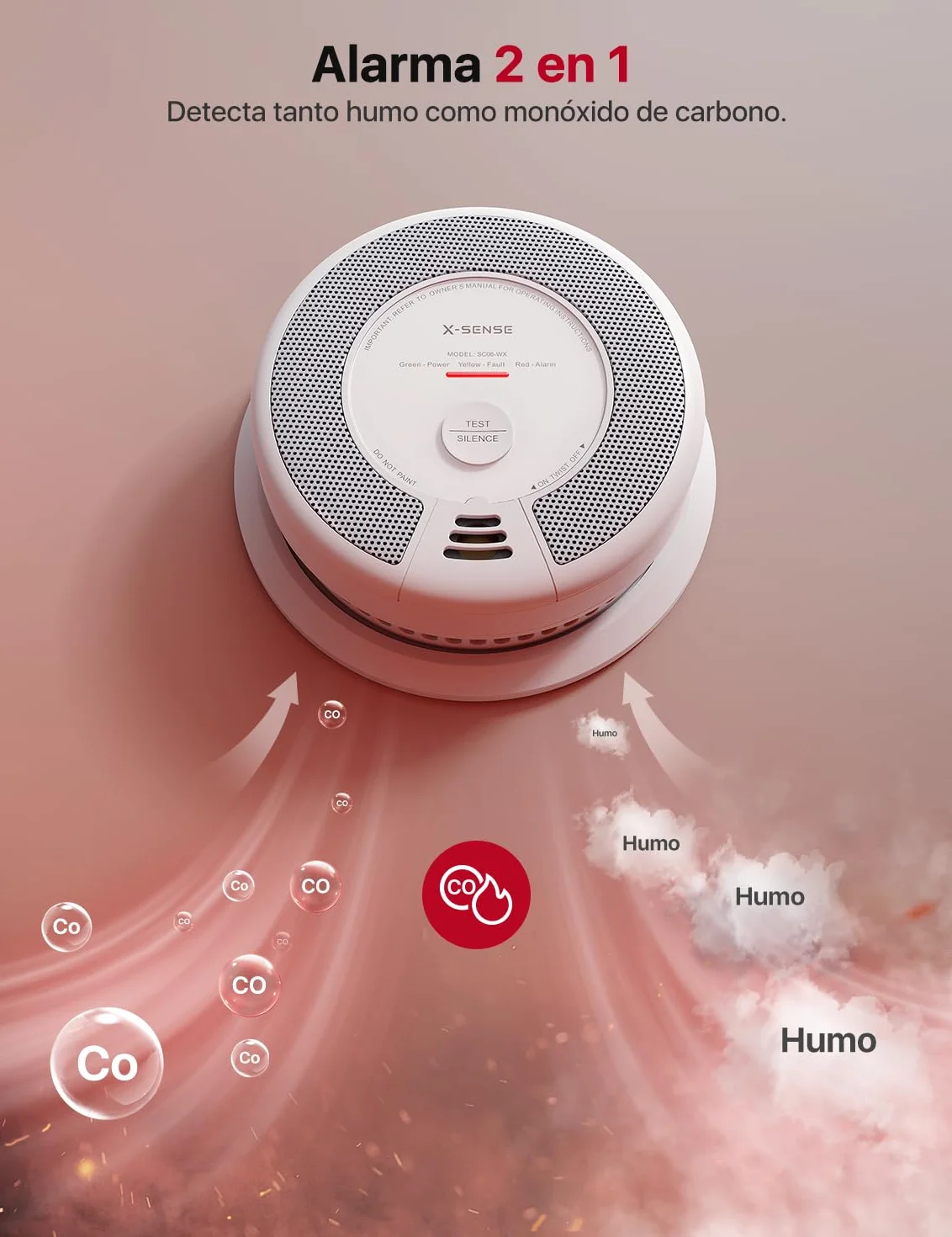 Alarma Wi-Fi X-Sense de Humo y monóxido de Carbono con batería reemplazable, Detector Combinado Inteligente Compatible con la App X-Sense Home Security, SC06-WX, 1 Unidad