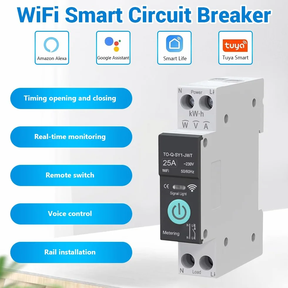 Interruptor WiFi, 1P+N 25A 230V, interruptor de control remoto inalámbrico para hogar inteligente, temporizador, control de voz monitor de energía compatible con la aplicación Smart Life TUYA riel DIN