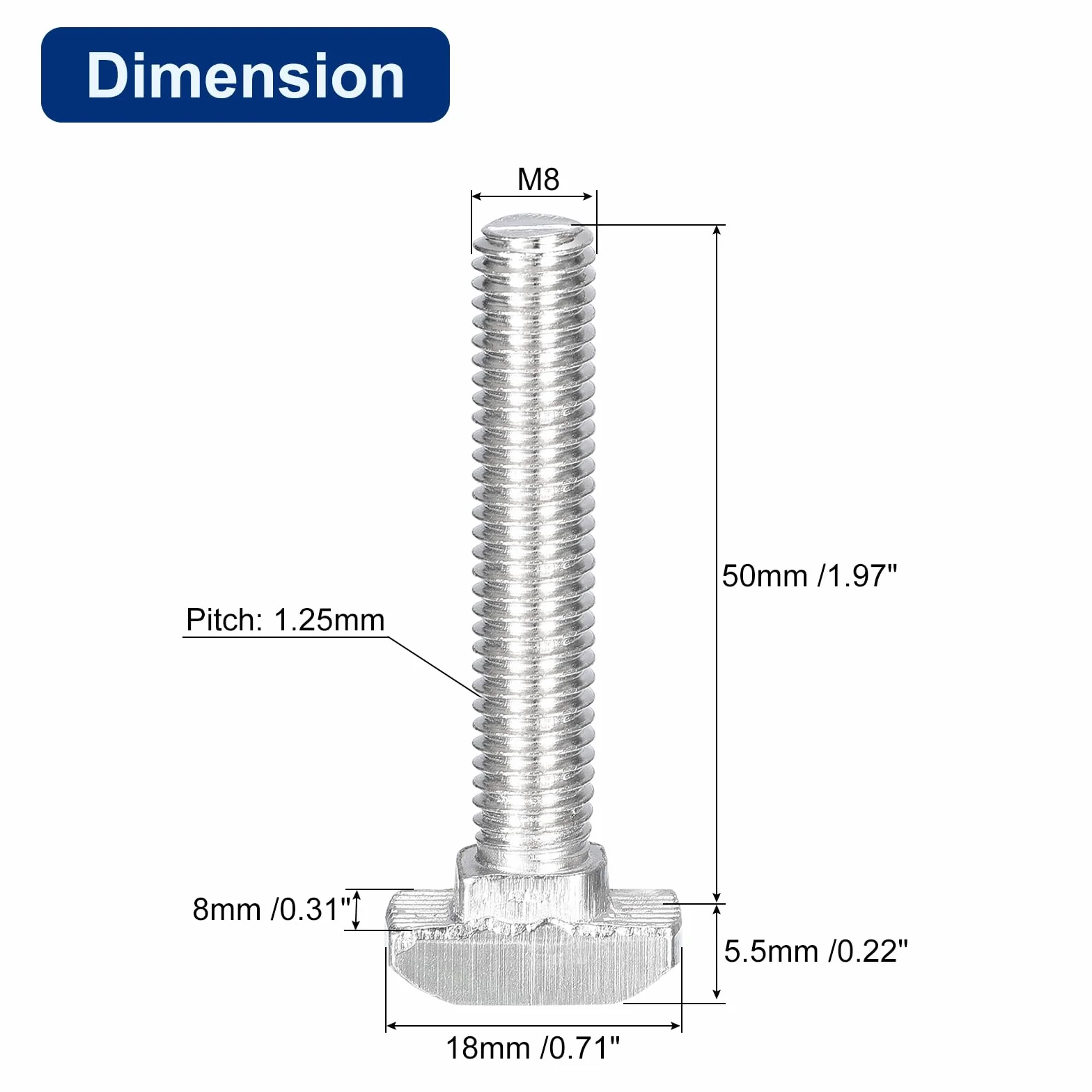 QUARKZMAN 30Pcs Pernos Ranura En T, M8 x 50mm Perno Cabeza Martillo Tornillo En T Espárrago Inserción Para Perfil Extrusión Aluminio Ranura En T Serie 4040, Acero Inoxidable 304, Plateado