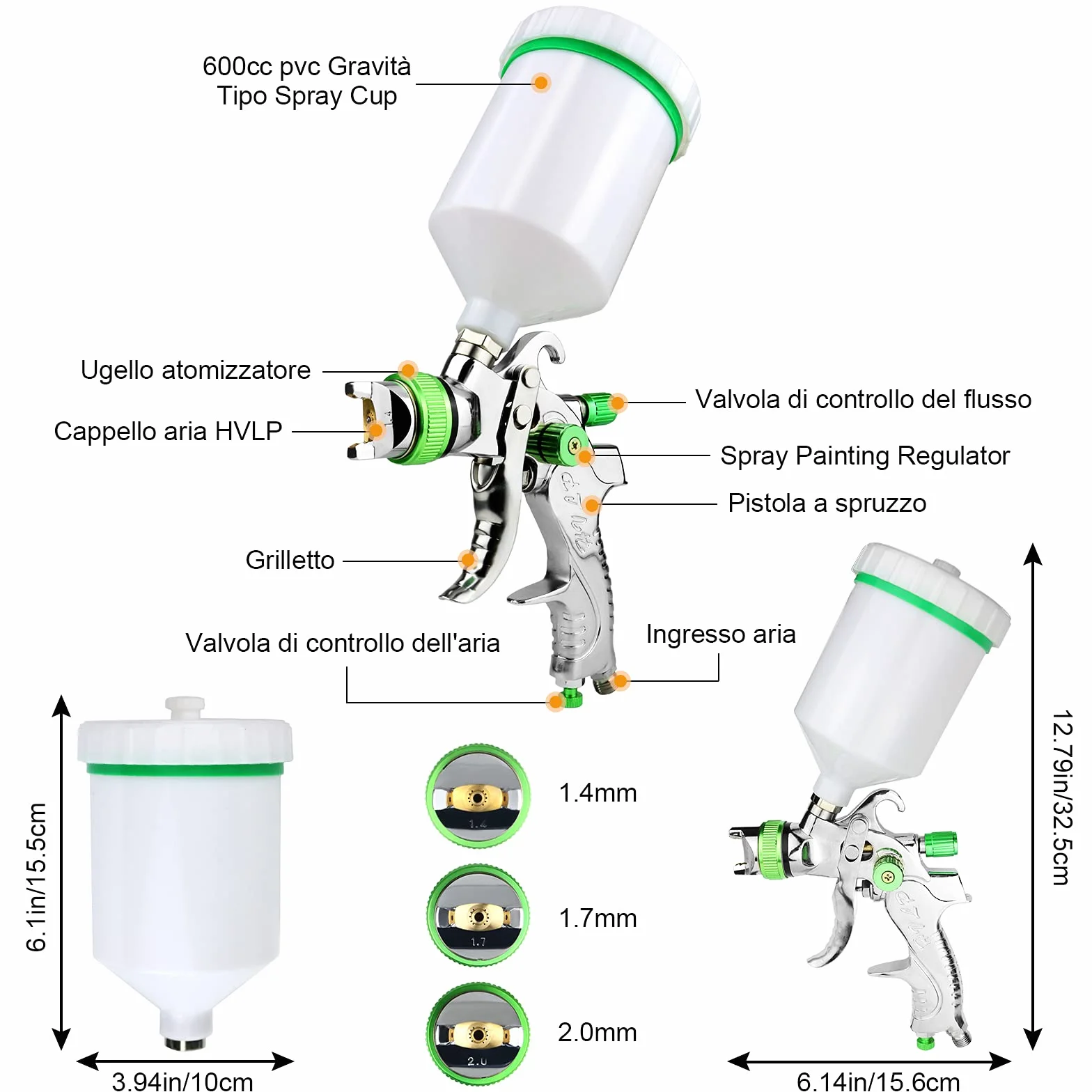 HVLP Pistola de Pintura Profesional Con 3 Boquillas 1,4mm 1,7mm 2,0mm y Taza de 600cc - Para Automóviles, Techos, Paredes, Pisos