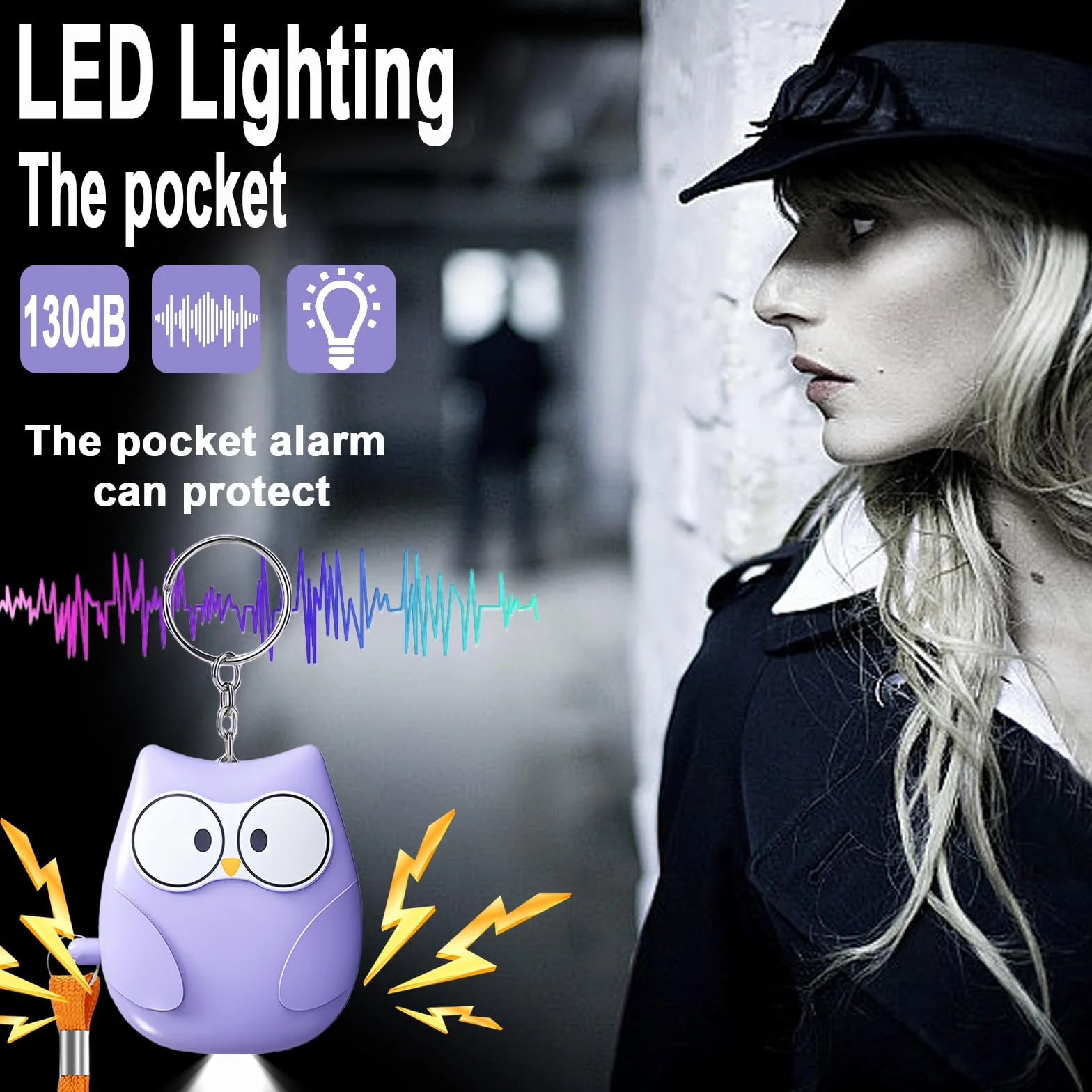 Sporgo 4 alarmas de bolsillo para mujeres: 130 dB – Autodefensa con luz LED y anillo llavero, estilo búho para mujeres, niños, ancianos