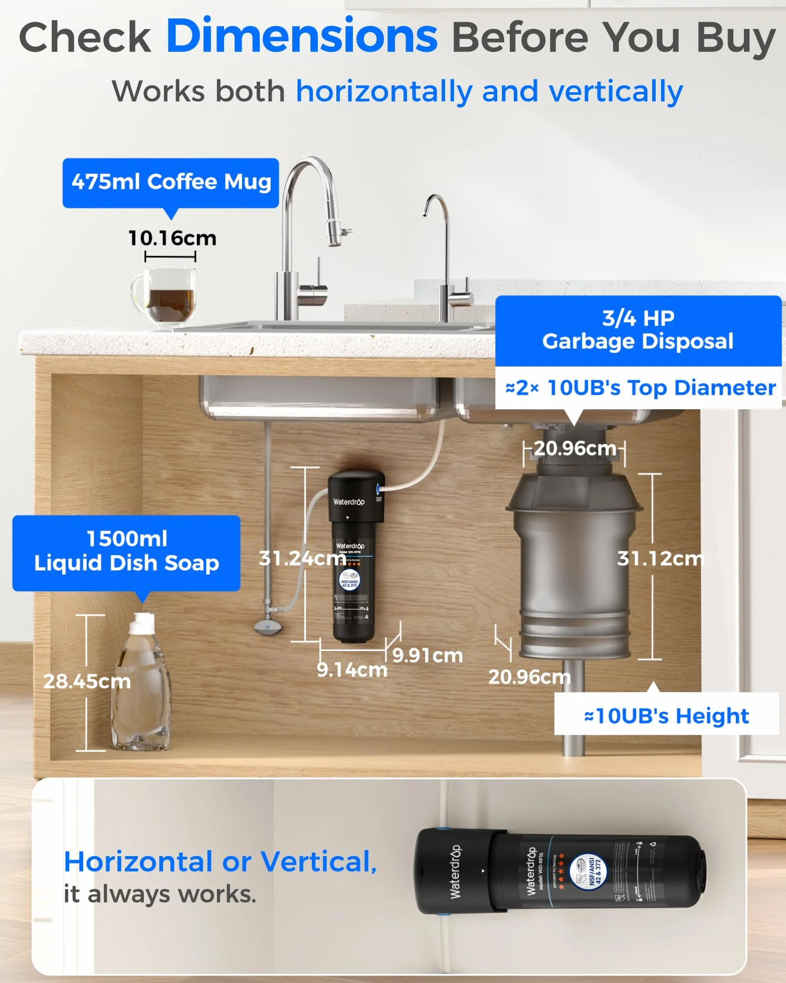 Waterdrop 10UB Sistema de Filtro de Agua para Debajo con Grifo Dedicado, 11000 Galones Filtro de Cocina Alta Capacidad, Certificado NSF/ANSI 42, Reduce el 99,99% de Plomo, Cloro, Mal Sabor