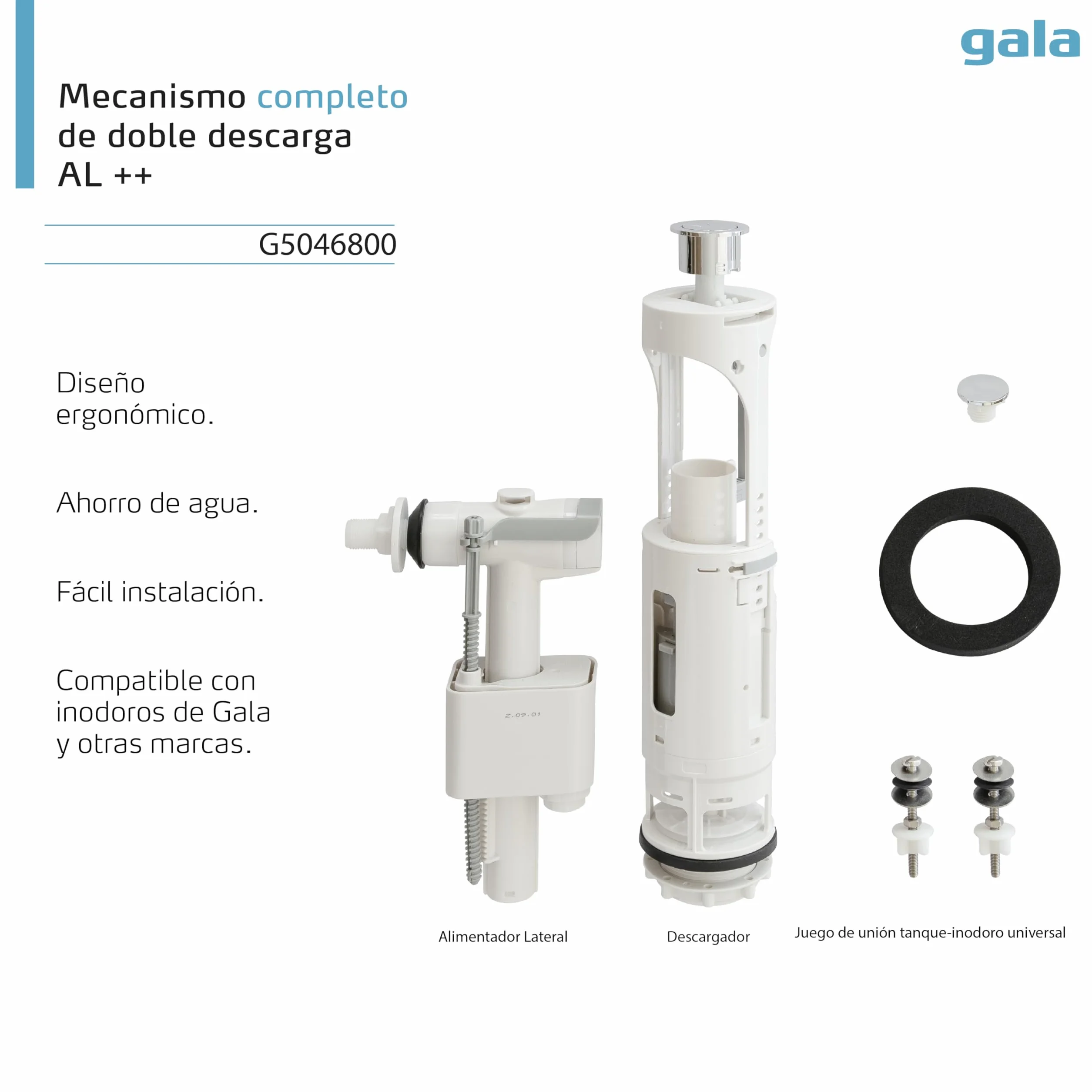 Gala Mecanismo G5046800– Mecanismo completo de doble descarga Alimentación lateral++. Compatible con cisternas Gala y de otras marcas. Fácil instalación