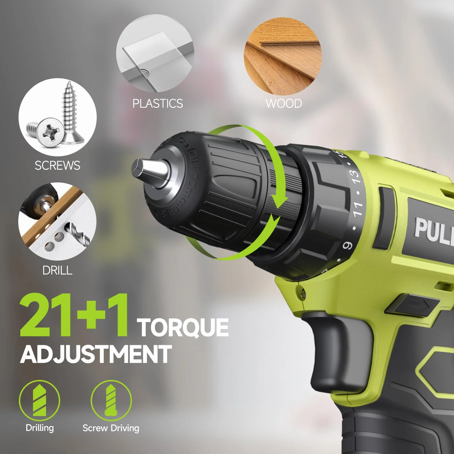 PULITUO 12V taladro inalámbrico, juegos de brocas de perforación de gran alcance con la batería de Li-Ion, 21 + 1 Ajuste de par, 3/8 "pulgadas portabrocas sin llave, taladro eléctrico.