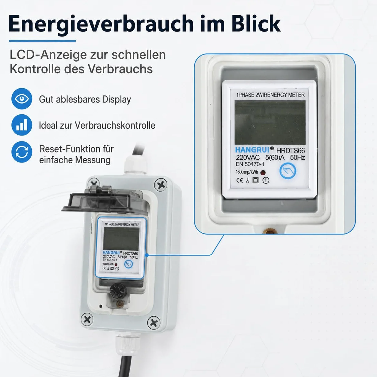 Contador de electricidad móvil de 230 V, IP67, con 2 cables de 1,5 m | Pantalla LCD con función de memoria y botón de reinicio para medición móvil