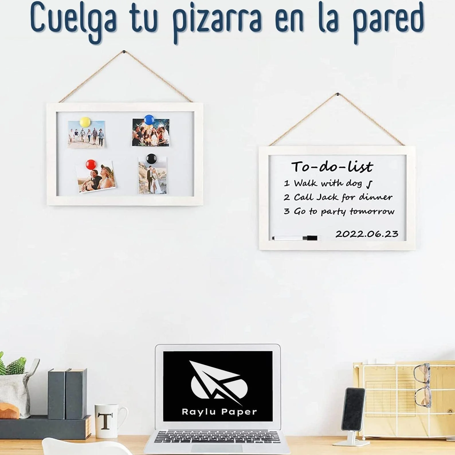 Pizarra blanca magnética con marco de madera blanca 60x40 cm borrado en seco imanes