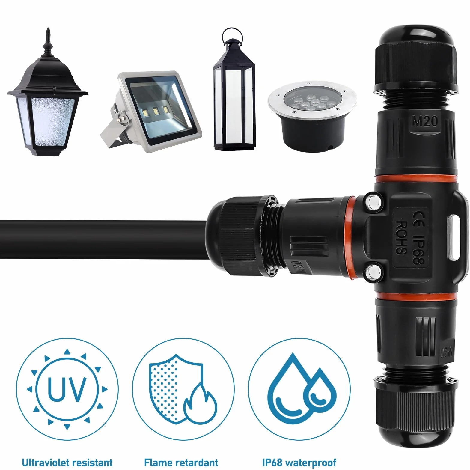 2 conectores de cable impermeables, IP68, resistentes al agua en forma de T, conector de cable de 3 pines, conector de cable subterráneo para diámetro de cable de 3 a 12 mm de diámetro para jardín al