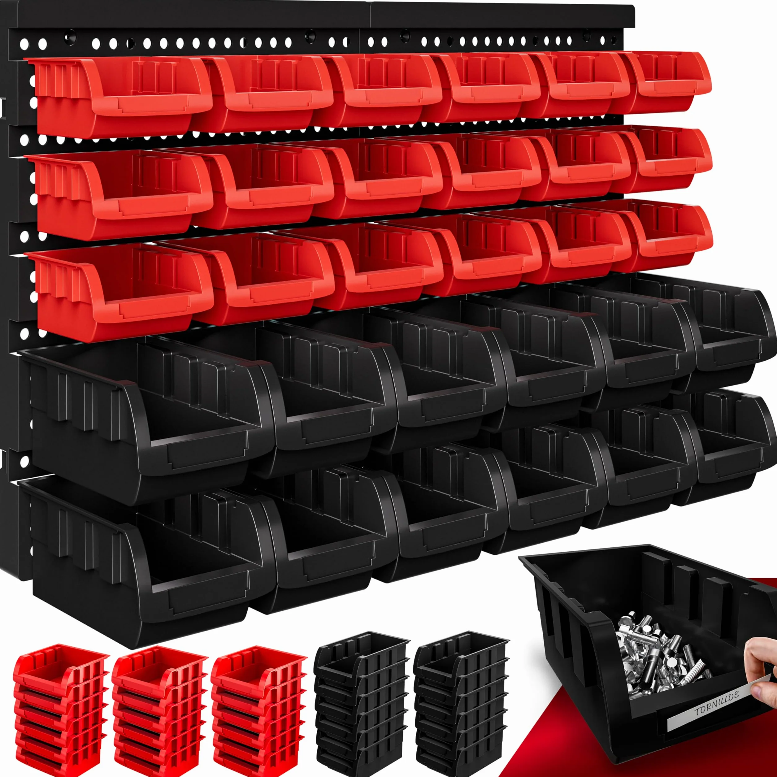 MONZANA® Cajas Apilables con Portaetiquetas Paneles Perforados Ampliables Portaherramientas Resistente Organizador Piezas Pequeñas Almacenamiento 32 Pzs