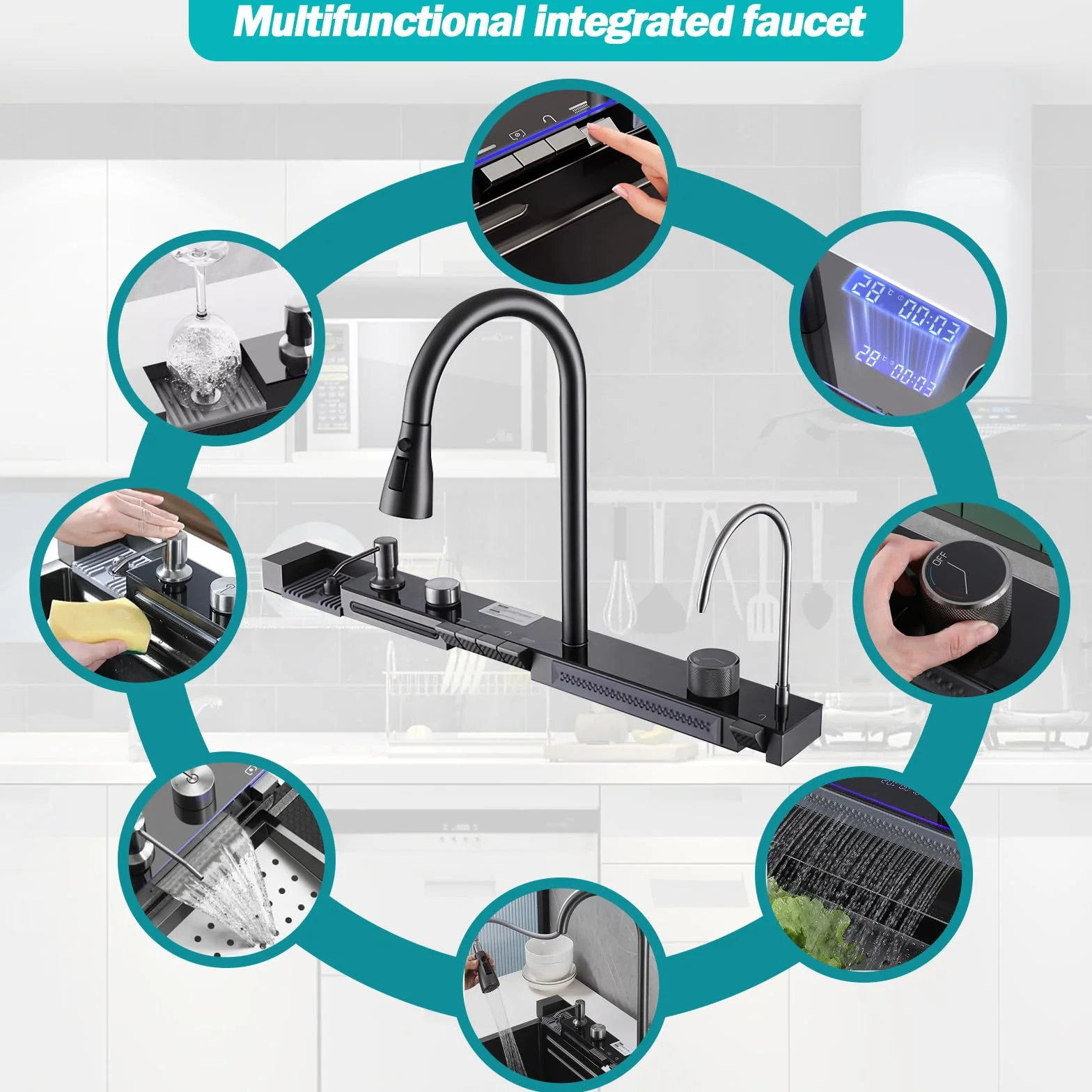 Fregadero de cocina, fregadero de acero inoxidable T304, fregadero de cocina multifuncional, fregadero cascada, fregadero empotrado con grifo digital multifuncional y varios accesorios (80x45cm)