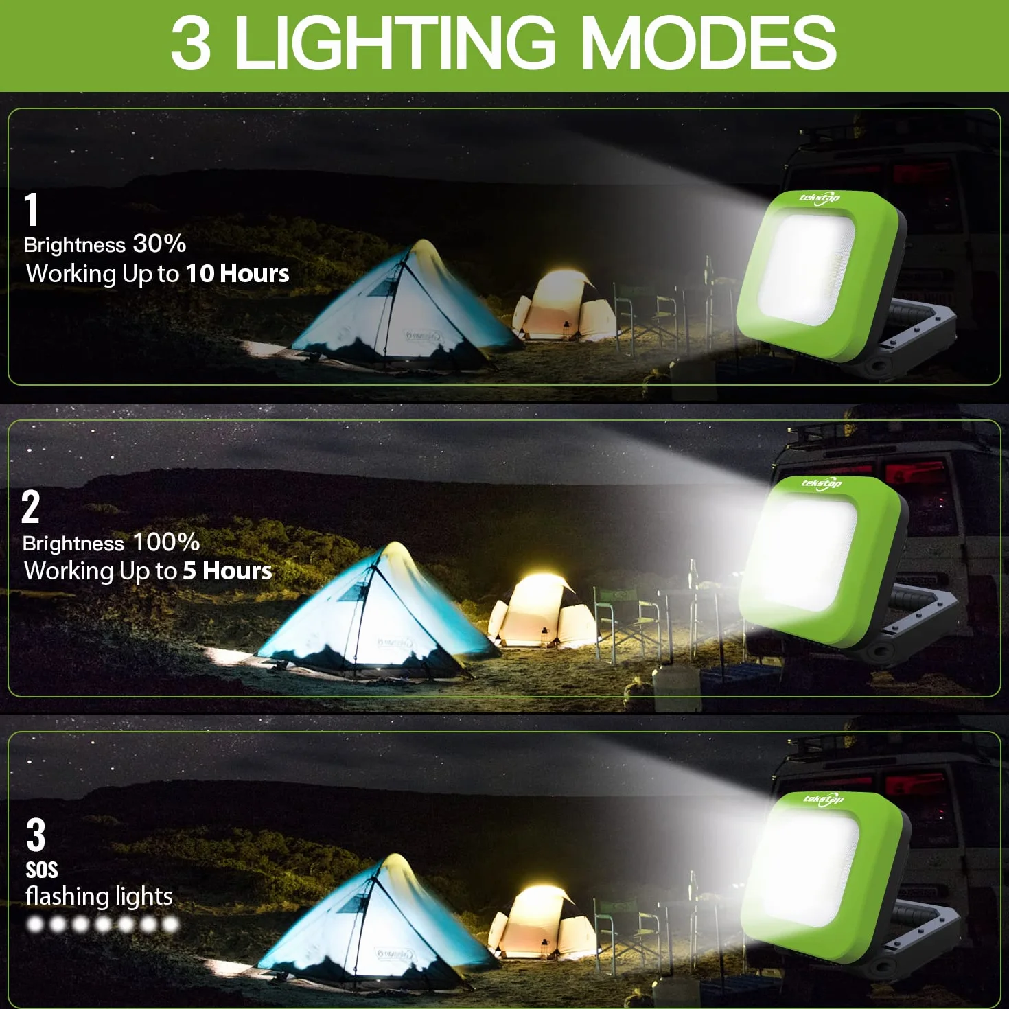 Tekstap Paquete de de trabajo LED recargables, 1000 lúmenes, magnéticas, portátiles, gancho para colgar y 3 modos, resistente al agua para reparación de automóviles, camping, emergencia (verde)