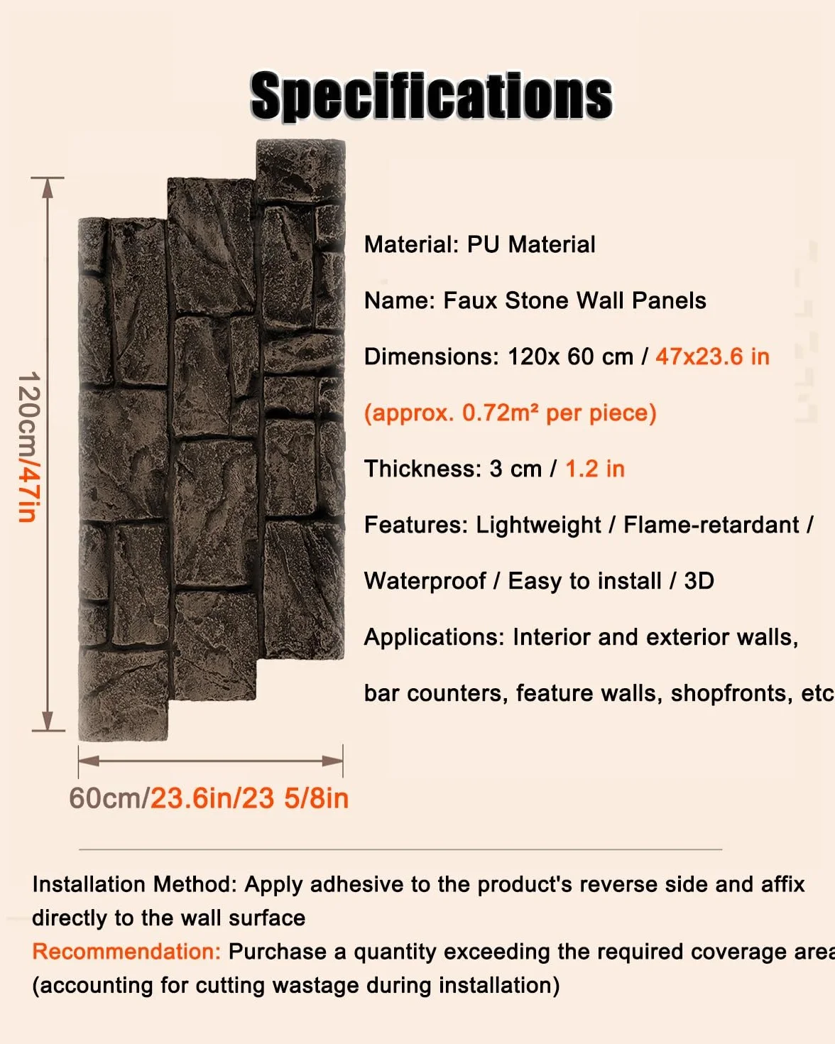 Paneles PVC Pared Panel de pared de PU imitación piedra triturada, papel pintado 3D fácil de instalar de 3 cm de grosor, revestimiento impermeable e ignífugo(I)