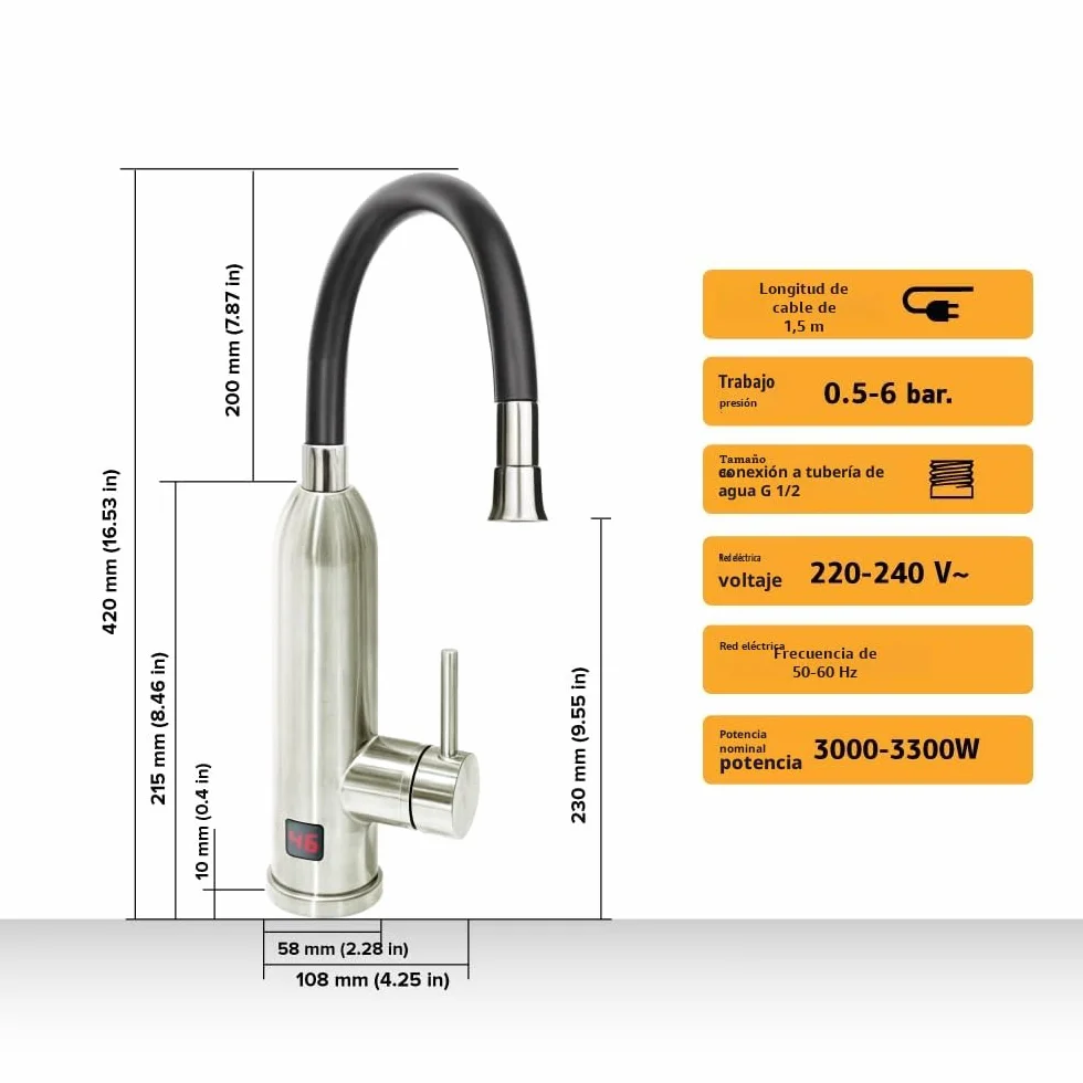 HOGART Grifo Eléctrico Con Calentador de Agua 230V - Para Cocina, Jardín, Baño, Caravana, Camping - Calentador Inteligente Instantáneo
