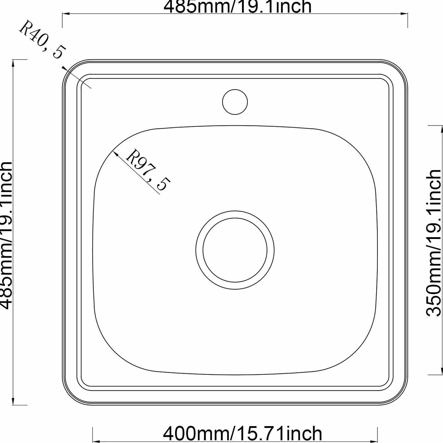Fregadero de acero inoxidable, 1 lavabo, incluye sifón y orificio para grifo (48 * 48cm)