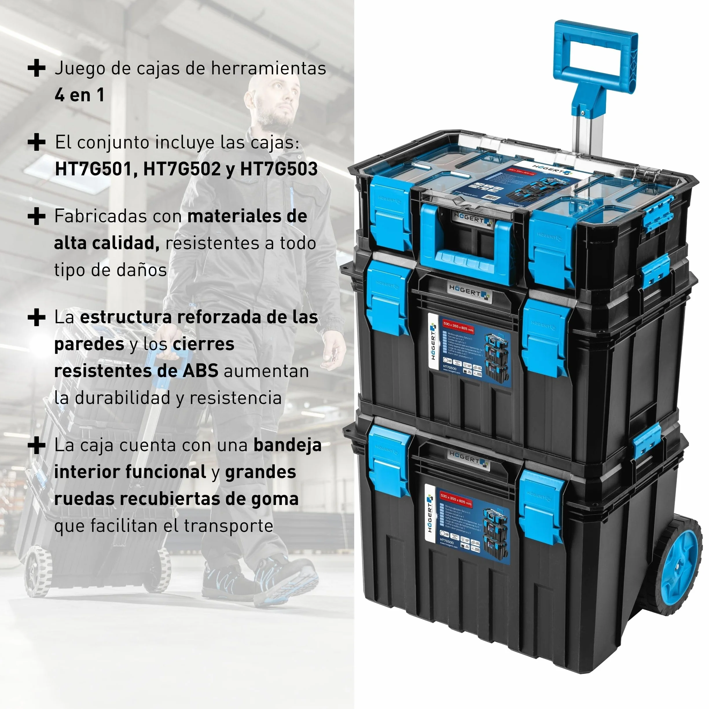 Högert Technik - Set de Cajas 4 en 1 HT7G500, Caja Herramientas con Ruedas, Resistente a Daños, Maletin Herramientas a Prueba de Polvo, Cierres Robustos de ABS, Estructura Modular