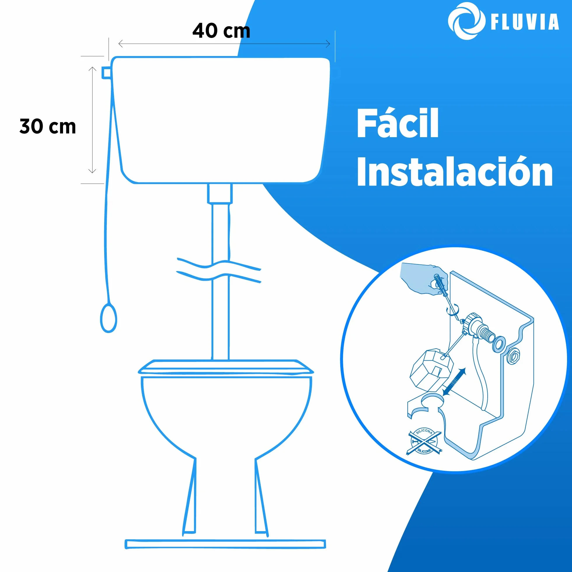 Cisterna Alta completa para inodoro de PVC |incluye Mecanismo de descarga flotador lateral y cadena | intalacion nueva o reemplazo |resistente y facil de montar FLUVIA