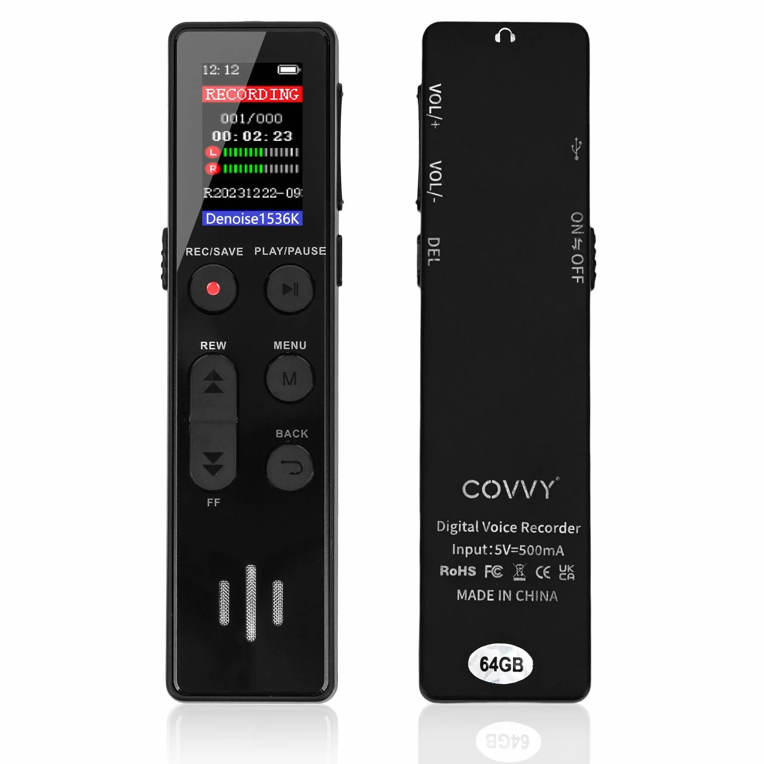 Grabadora de Voz COVVY 64 GB Activada por Voz Portátil con Reproducción Mini Dispositivo de Grabación para Entrevista Clase Reunión