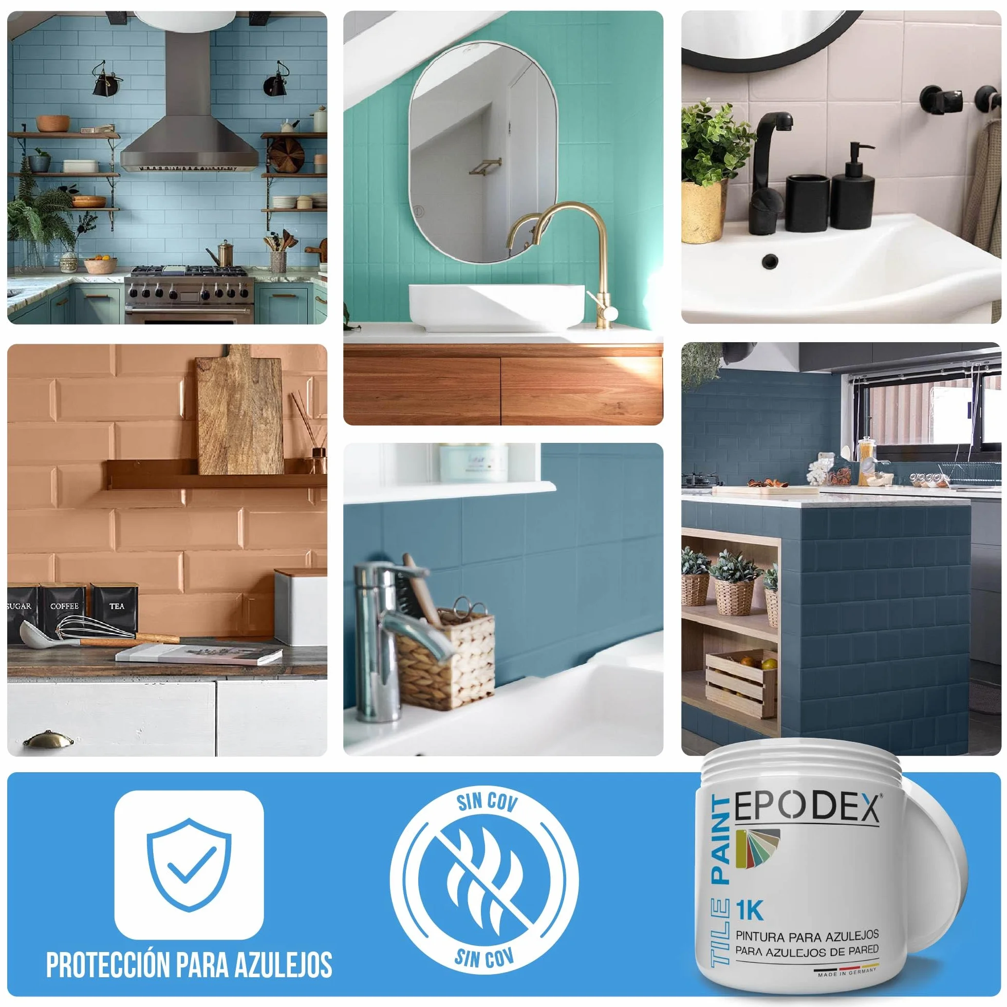 EPODEX Pintura para azulejos 1K, Pintura azulejos cocina, baño y más, Revestimiento satinado para paredes interiores, 1kg (8m² por capa) - Nordic - Pastel