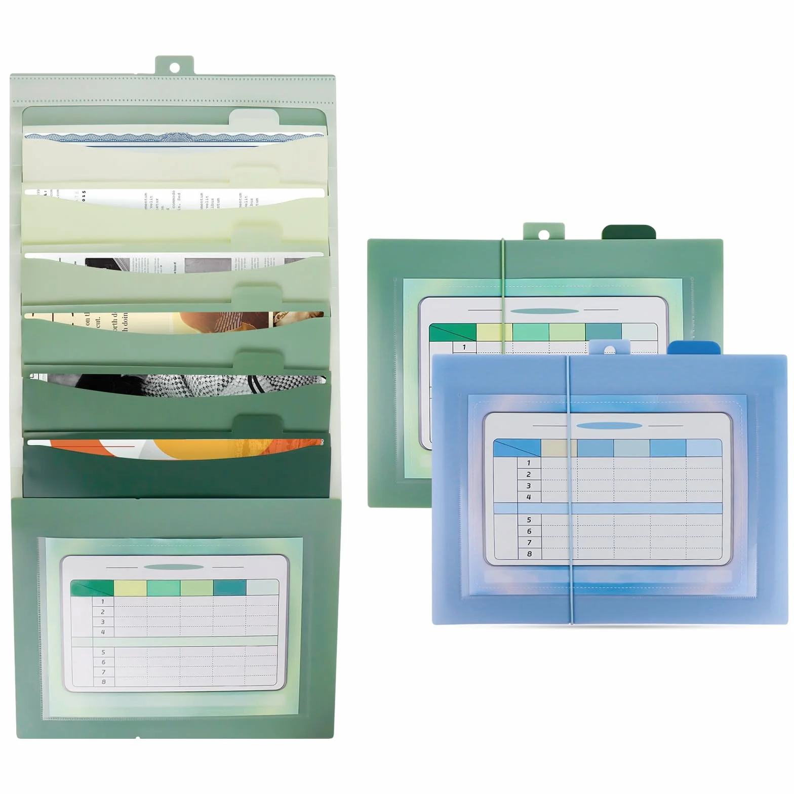 Revistero Pared 2 Piezas, Carpeta Clasificadora con 6 Bolsillos Desmontables, Clasificador Documentos (Verde y Azul)