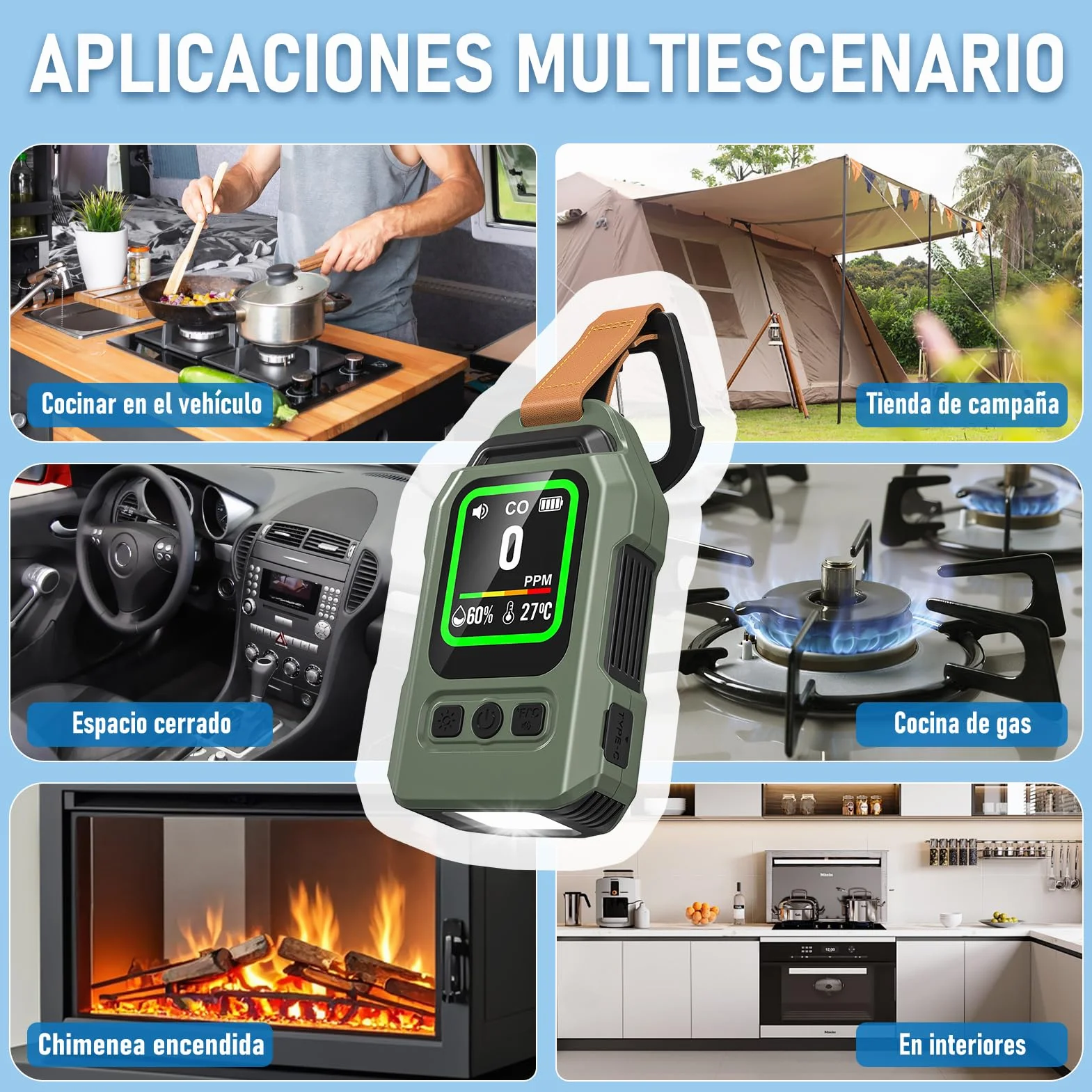 Detector de Monóxido de Carbono Portátil, 300 Horas de Autonomía, Medidor de Temperatura y Humedad, con función de Alarma y Linterna de Emergencia, Ideal para acampadas, Viajes, Coches y cocinas.