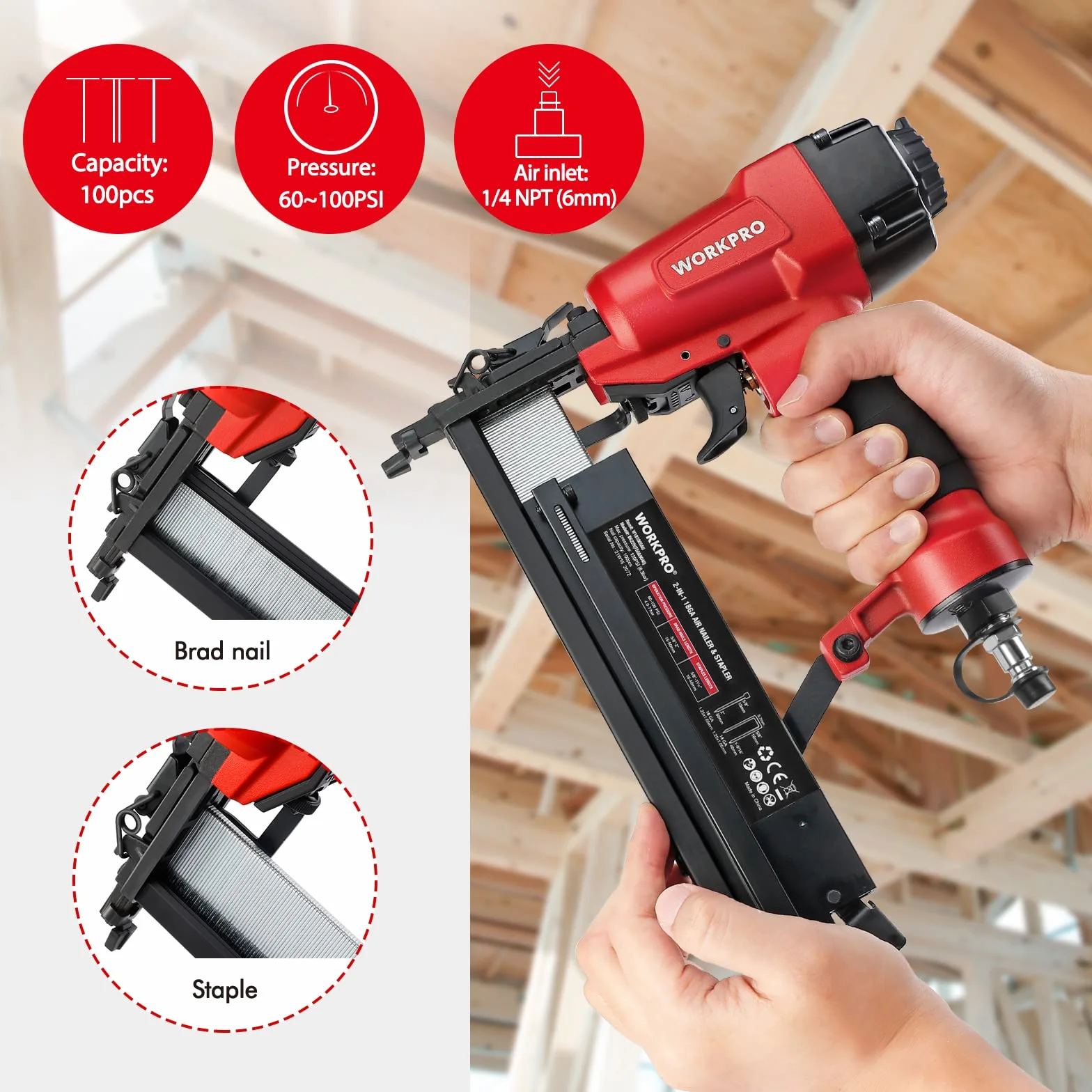 WORKPRO Pistola de Clavos Neumática 18GA 2 en 1 con Clavos, Clavadora Neumática, Grapadora de Aire Comprimido para Clavos 15-50mm y Grapas 15-40mm, con 400 Clavos y 300 Grapas
