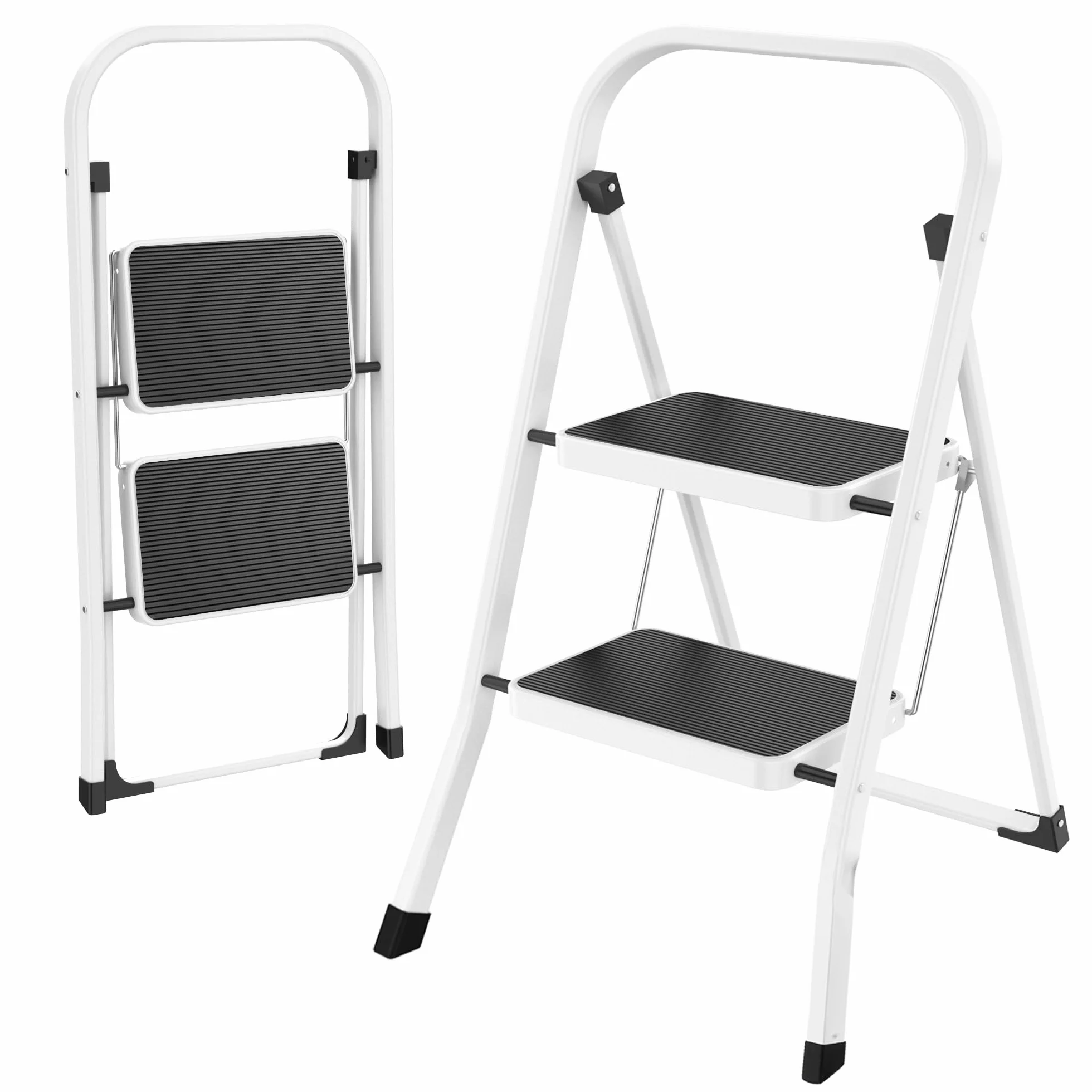 HBTower Escalera 2 Peldaños Plegable – Acero Resistente, Antideslizante, 4,5 cm de Grosor, Carga 150 kg, Sin Montaje – para Cocina, Garaje, Oficina