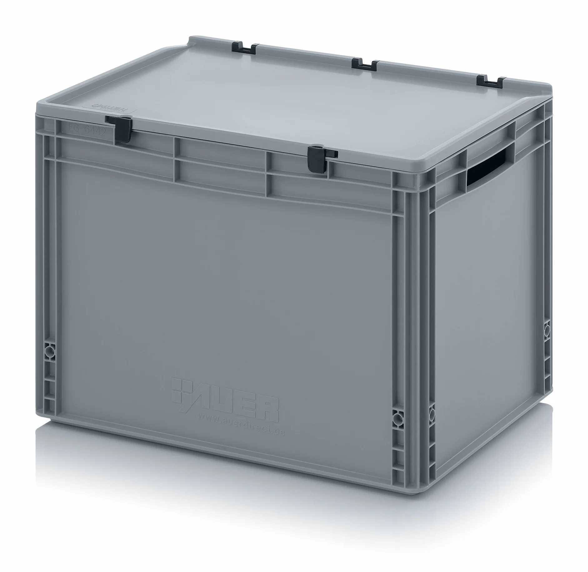 Auer Packaging Eurobox - Caja de transporte (60 x 40 x 43,5 cm, con asas abiertas y tapa con bisagras, incluye metro plegable), 60 x 40 x 43,5