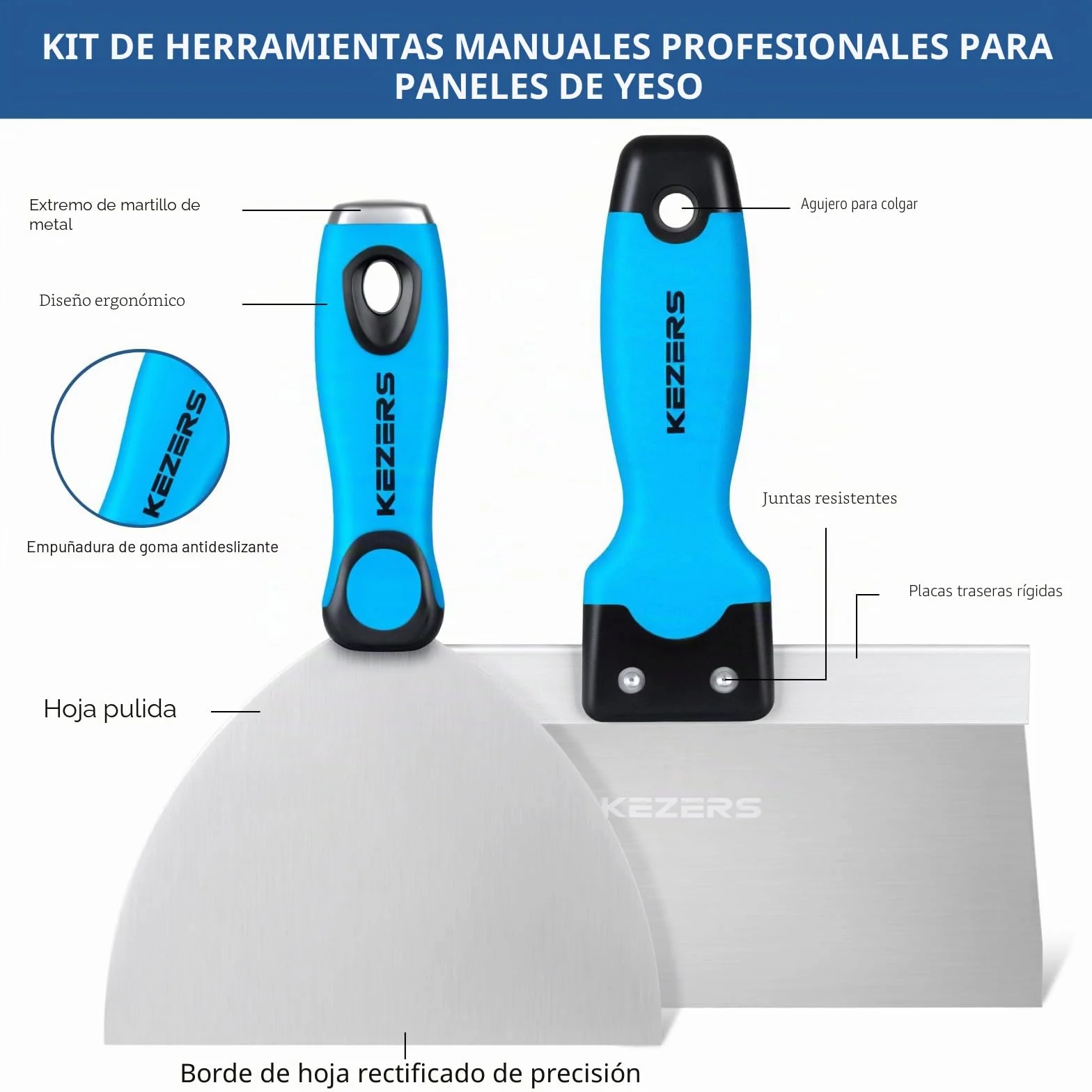 KEZERS Kit de Herramientas Manuales para Paneles de Yeso, 5 Cuchillos de Acero Inoxidable Con Extremo de Martillo de Metal, Incluye Cuchillo de Masilla y Cinta