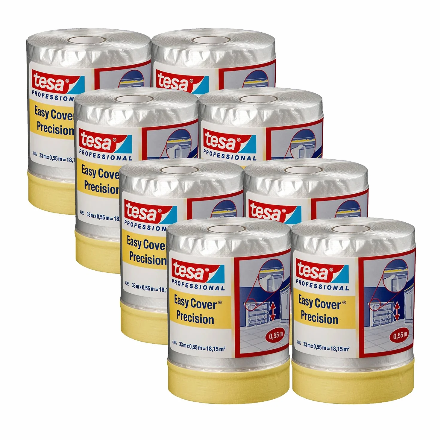 tesa Easy Cover 4365 Precisión - Pack de 8 láminas de pintura con cinta de pintor para pegar y cubrir en trabajos de pintura - Cinta adhesiva 2 en 1 - Transparente - 33 m x 0,55 m cada una