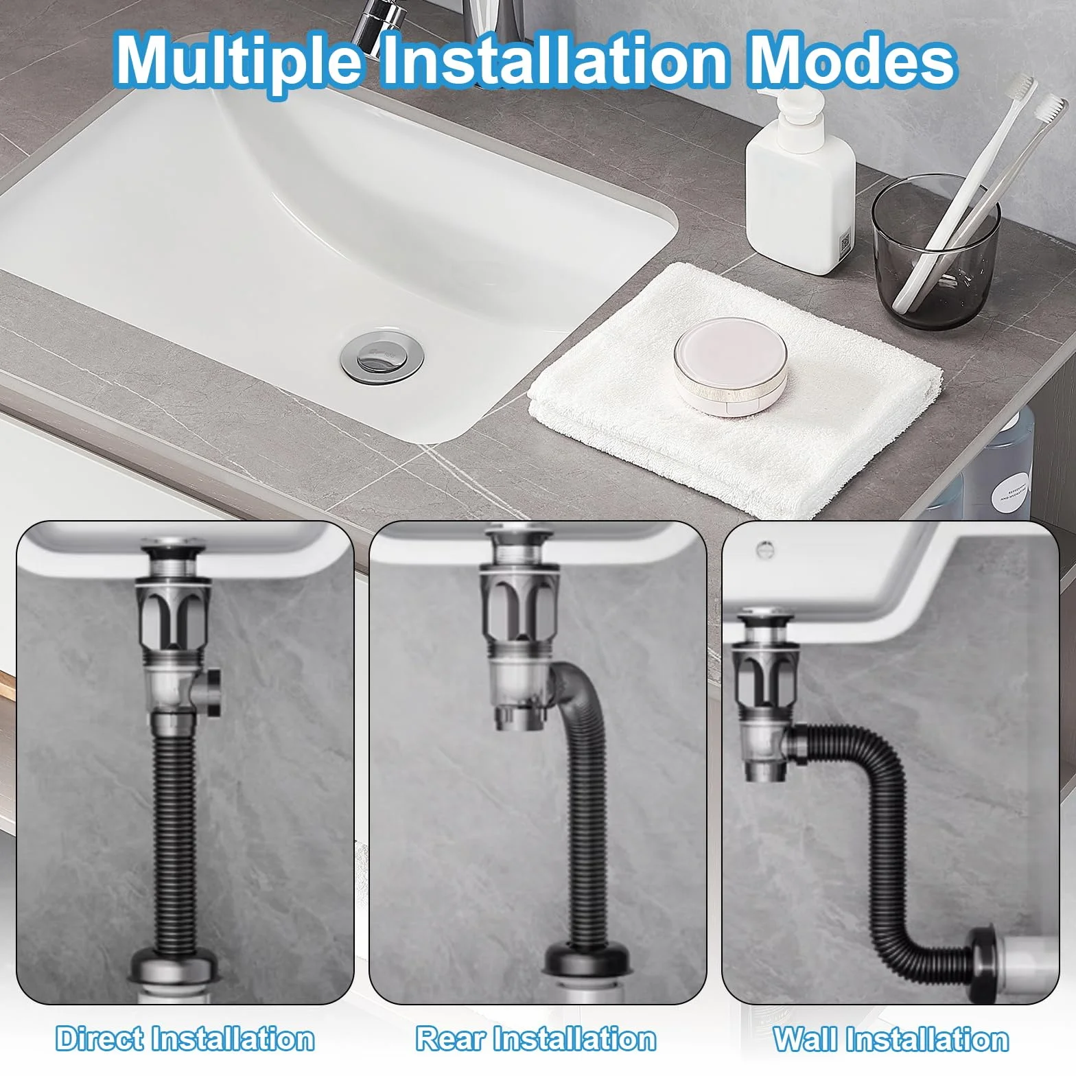Sifón Lavabo Flexible Kit con Manguera de Drenaje Retráctil y Tapón para Baño y Cocina
