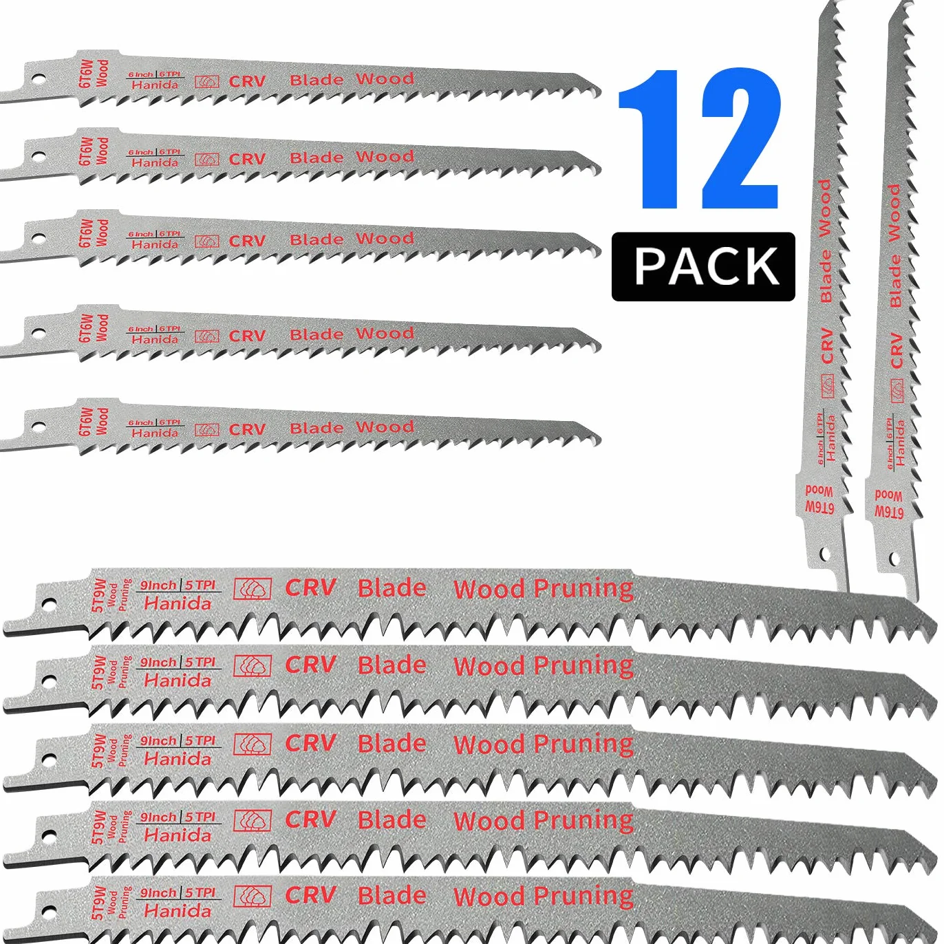 Cuchillas de Sierra de Sable CRV, Juego de 8 Hojas de Sierra de Sable de 6 Pulgadas y 5 Piezas de 9 Pulgadas, Hojas de Sierra de Sable Recíproca para Madera y Metal (12 Unidades)