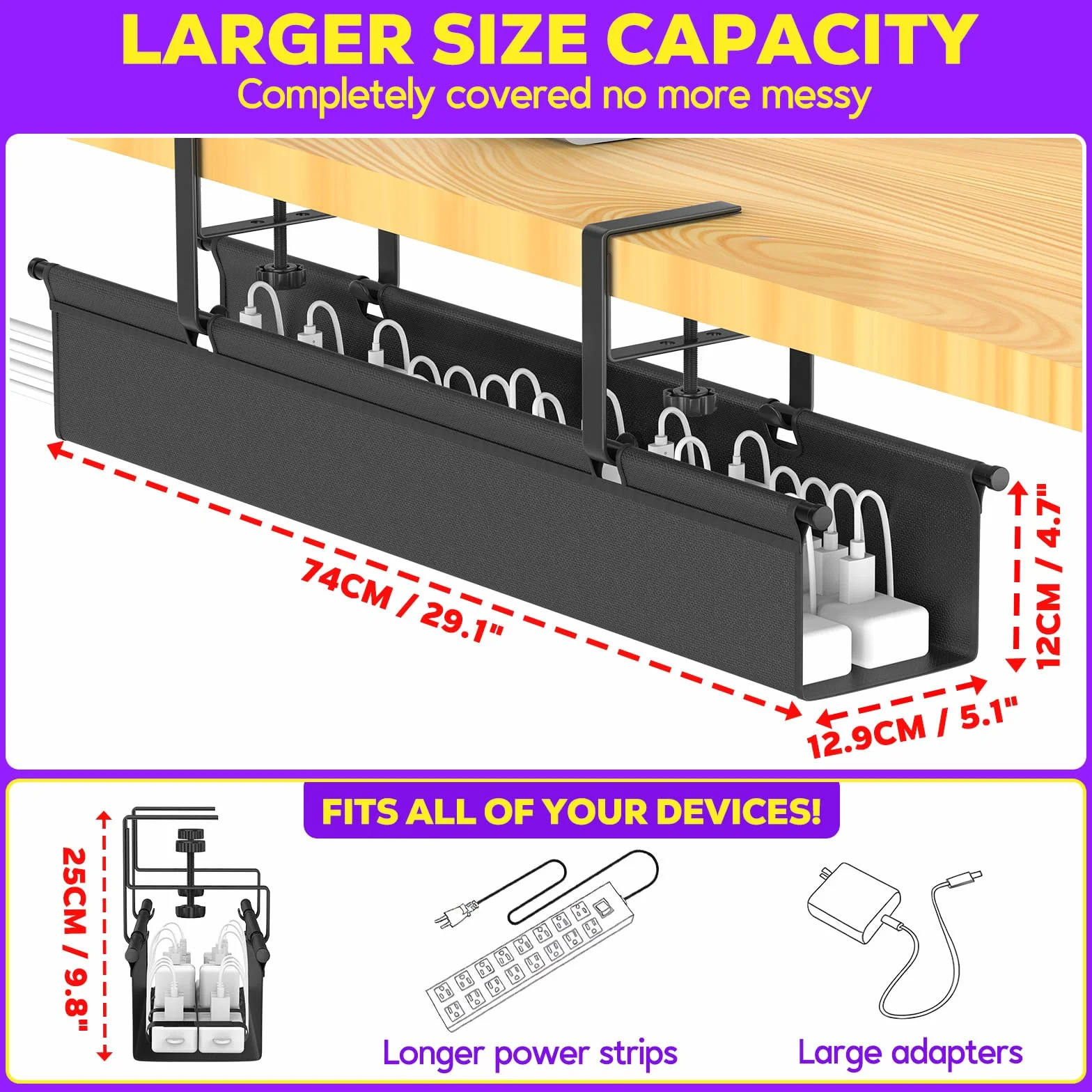 REFLYING 74cm Organizador Cables Escritorio, Bandeja Cables Escritorio sin Taladro, Recoge Cables Escritorio para Mesa de Pie, Cable Management en la Oficina o en Casa, Negro