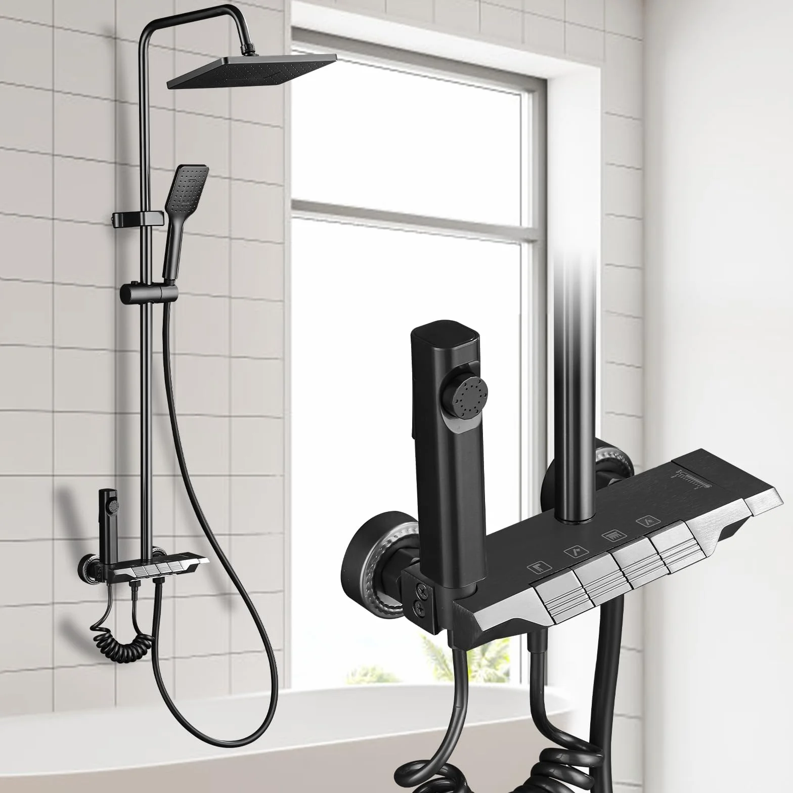 Columna de Ducha con Rociador Superior/Ducha de Mano ABS, 4 Modos Espacio Aluminio Columna Ducha Columna de Baño Multifuncional Altura Ajustable 85-105cm, Negro