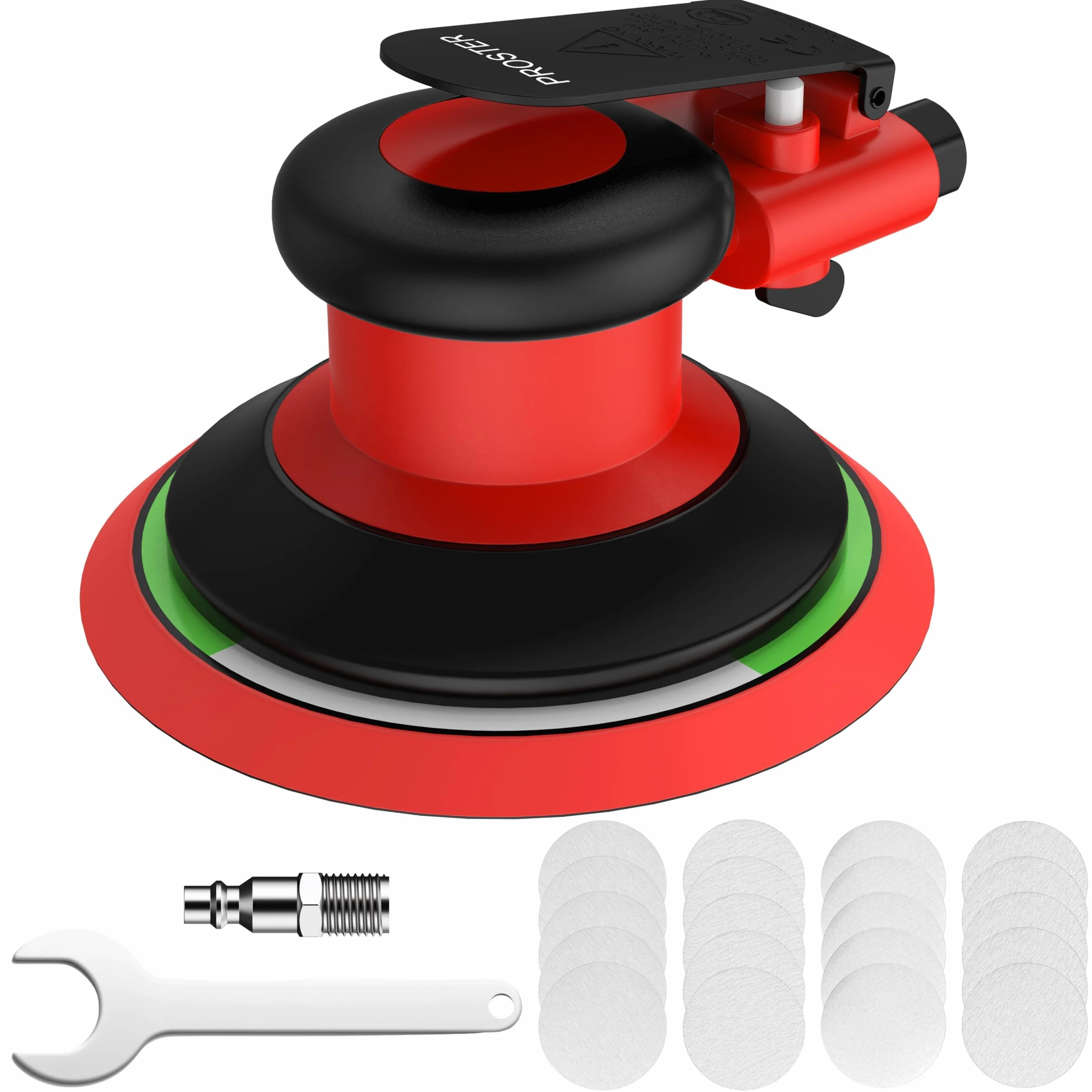 Proster Lijadora Orbital Neumática 12000RPM 6Pulgadas Lijadora Rotorbital con 20 Papeles de Lija(80-320 Grano) y Control de Velocidad Variable para Preparación de Pintura de Coches,Lijado de Madera