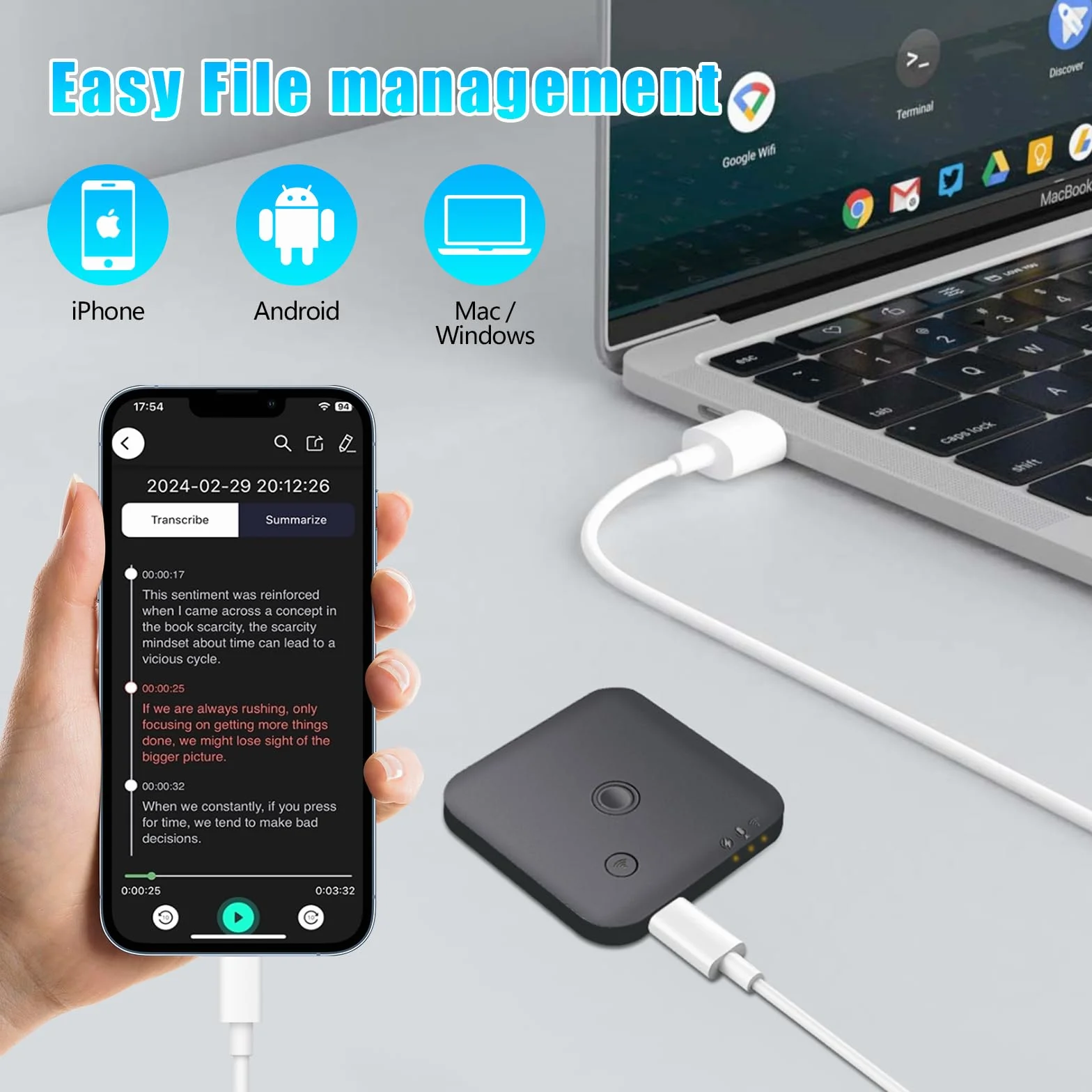 Grabadora de Voz AI 64GB Transcripción Automática ChatGPT 4o 102 Idiomas Control por App