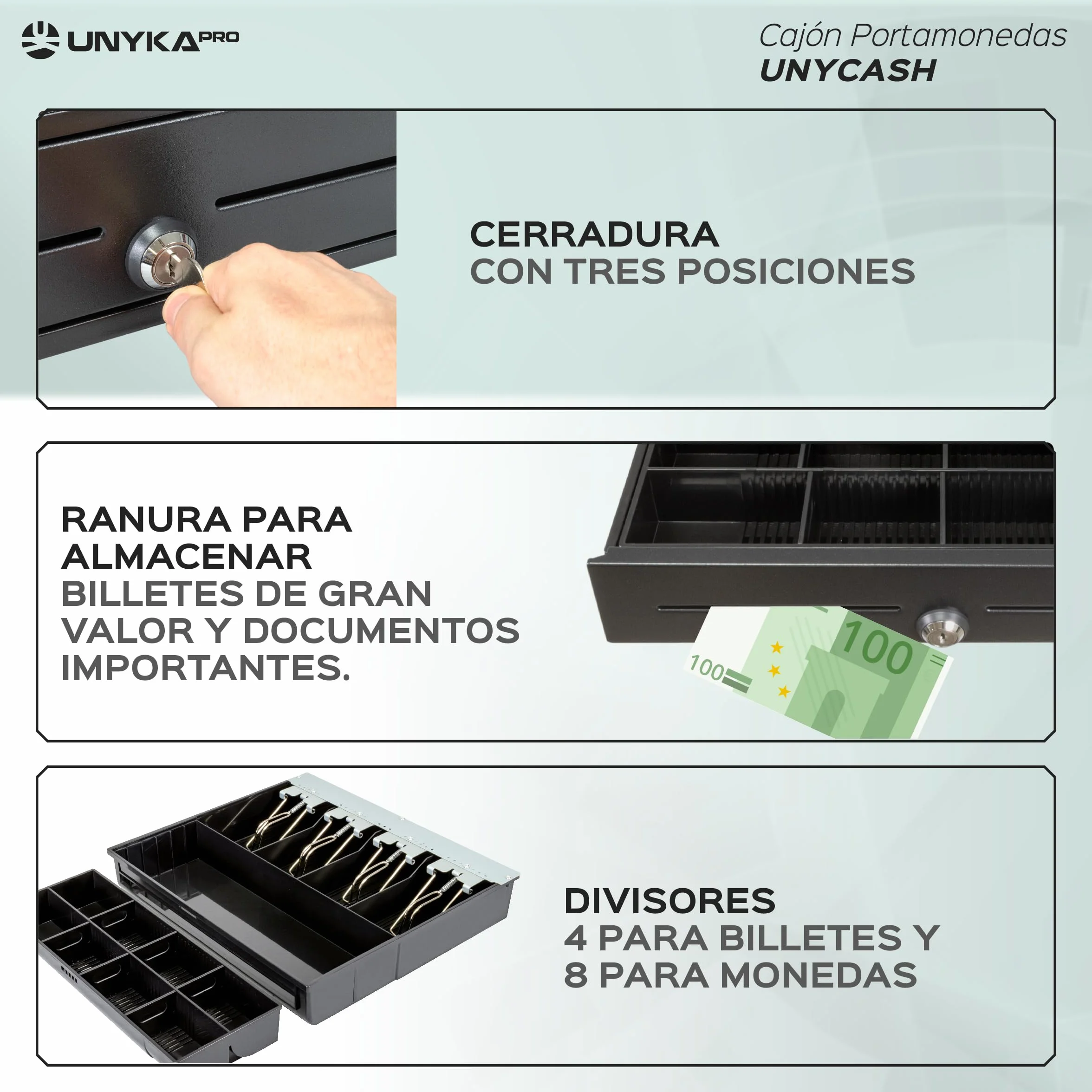 UNYKAch Cajón Portamonedas UNYCASH 56001 Estructura Metálica 41x41cm 4 Compartimentos para Billetes y 8 para Monedas Apertura Automática RJ11 Manual con Llave Compatible con Sistemas POS