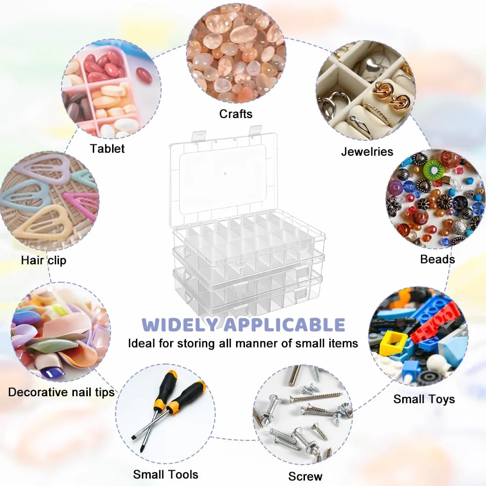 Caja Organizadora Plastico Transparente 24 Compartimientos Ajustables Apilable con Tapa para Joyas Tornillos Cuentas