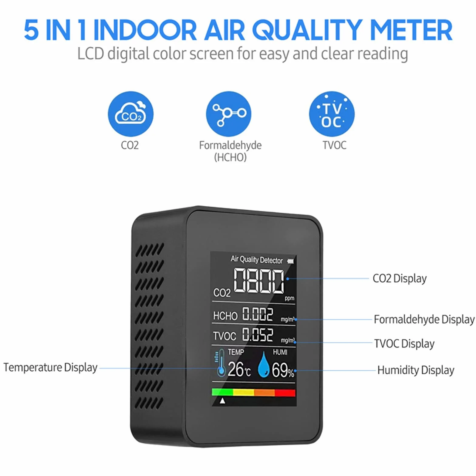 Monitor de Calidad del Aire CO2 Negro LCD TVOC HCHO Temperatura Humedad Medidor