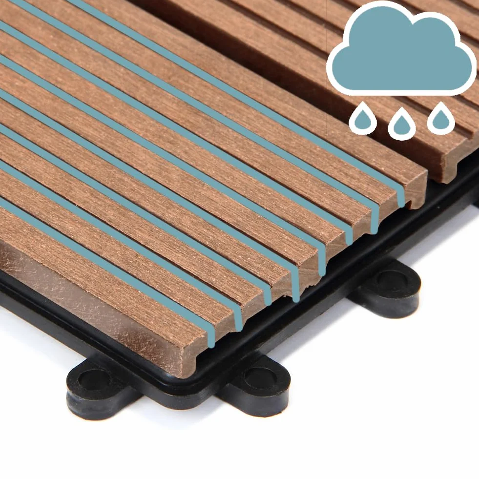 BAKAJI Juego de 11 piezas de azulejos WPC para jardín exterior, patio, balcón, suelo con drenaje de agua, azulejos de montaje empotrado, resistente a los agentes atmosféricos, diseño incrustado