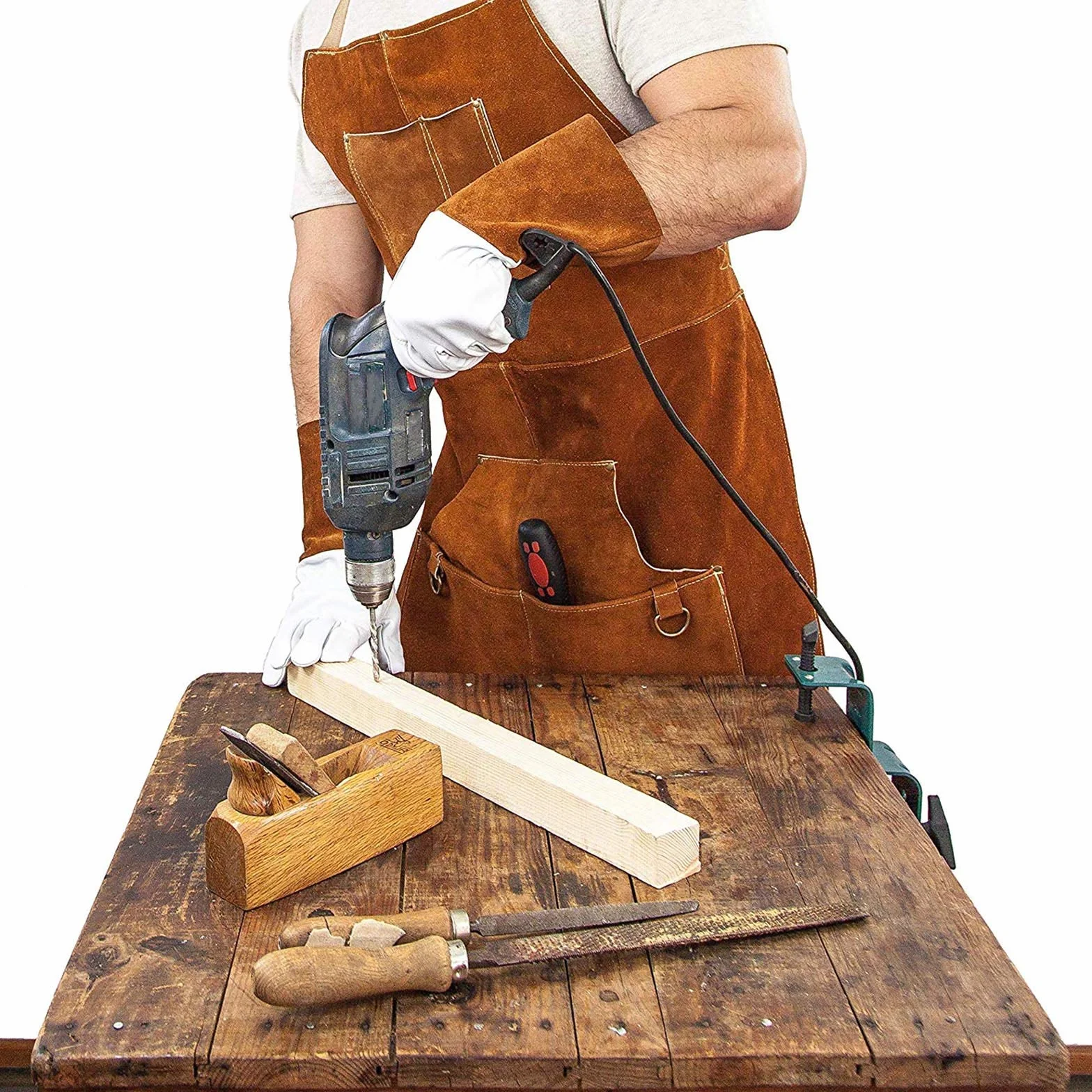 EMSea Delantal de Soldadura de Bolsillo Cuero de Vaca con Hebilla de Liberación Rápida Longitud Ajustable para Hombres Y Mujeres - 90x60 Cm (marrón Oscuro)