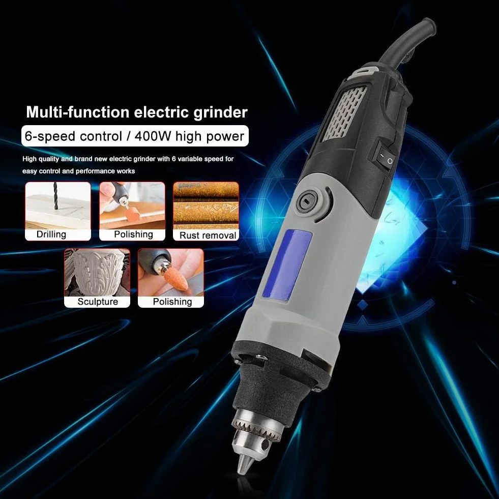 Amoladora Eléctrica Acouto, Mini Amoladora, 400 Vatios, 6 Velocidades Variables, Taladro Eléctrico 6 Posiciones, Herramienta Rotativa