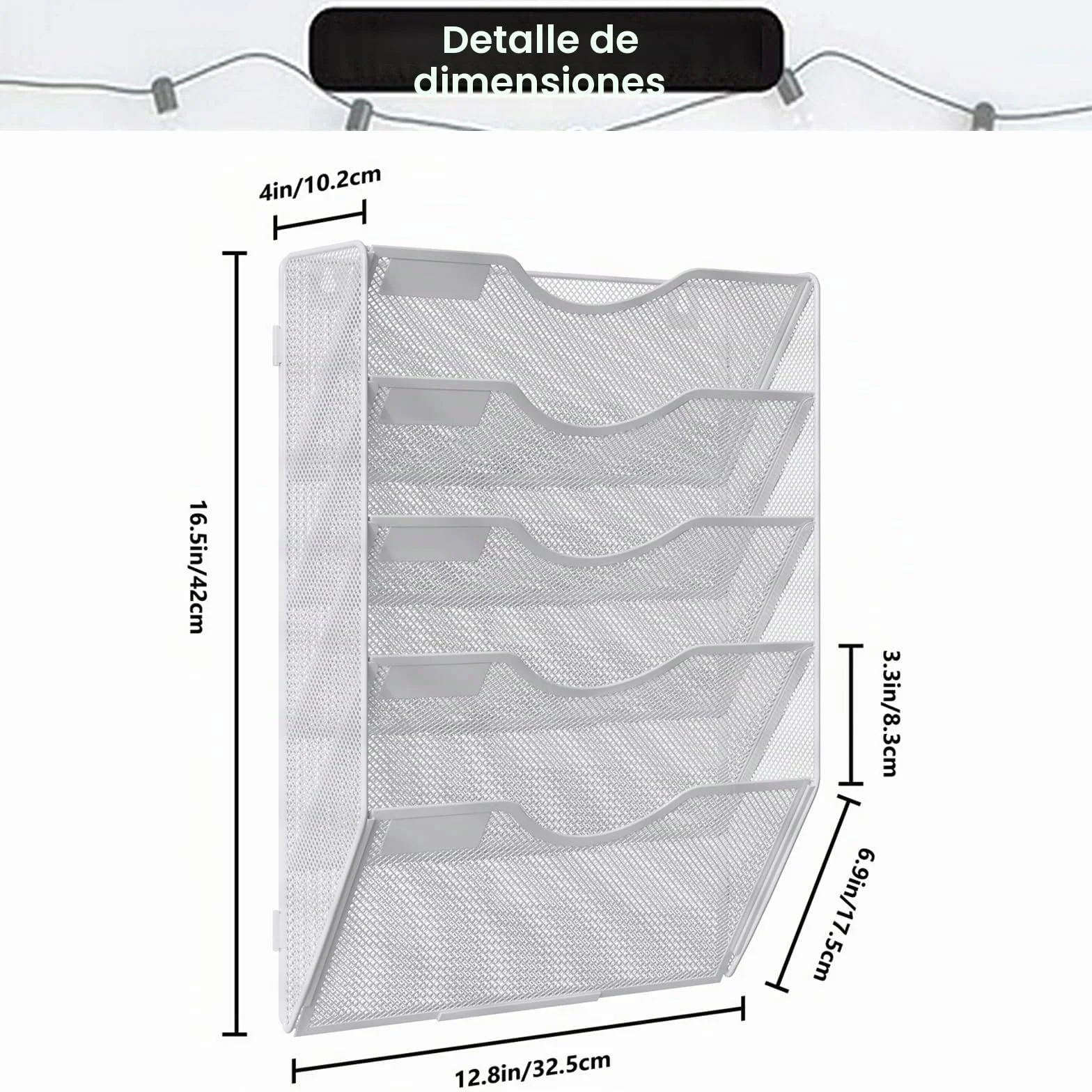 TQVAI Revistero Pared Malla Metálica 5 Compartimentos Organizador Documentos A4 Colgante Blanco