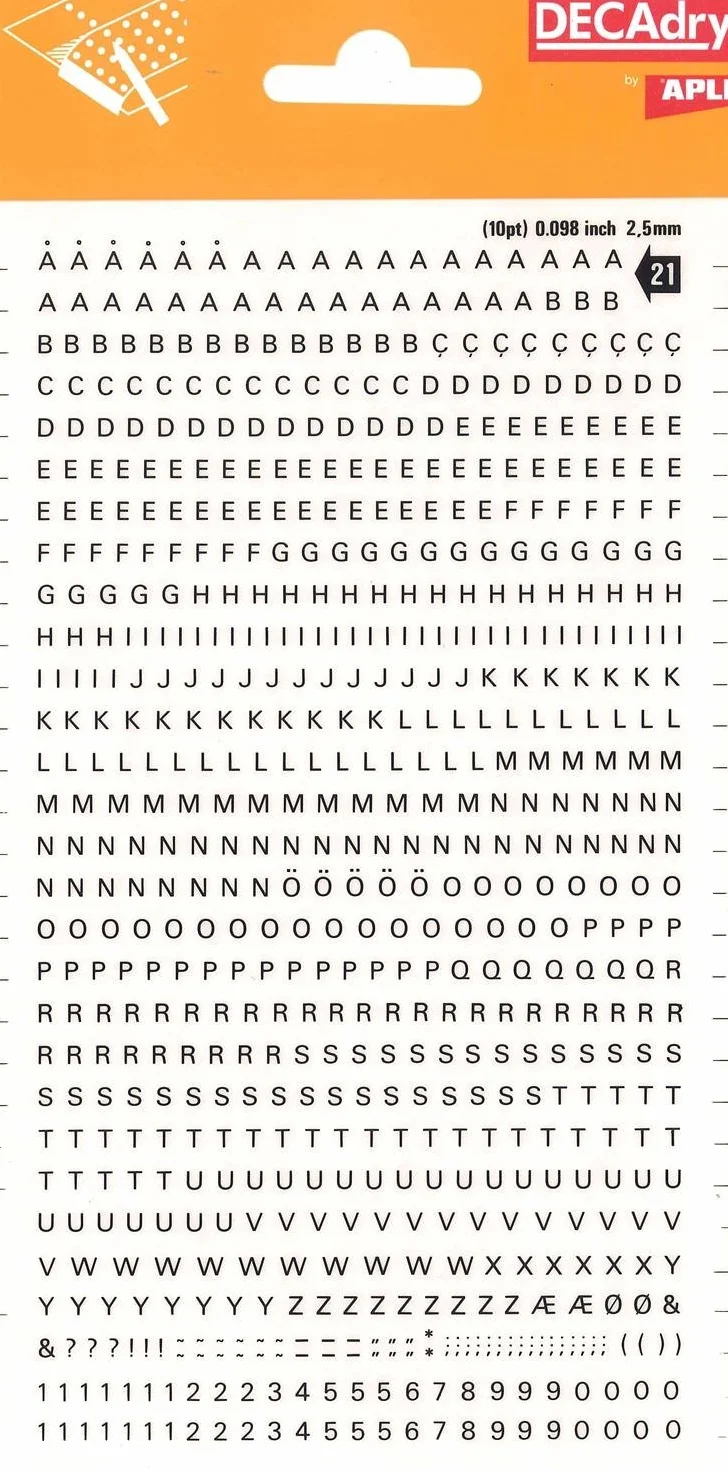 APLI DD21F Letras y números transferibles negros 2,5 mm 731 caracteres